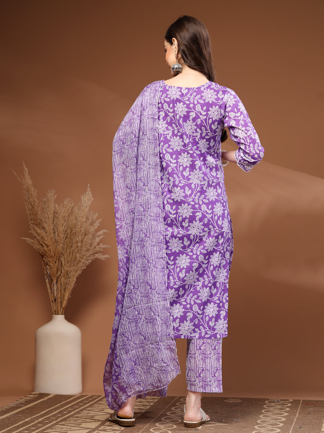Purple Self Design Cotton 3/4 Sleeves Round Neck Calf length Kurta Bottom Set With Dupatta
