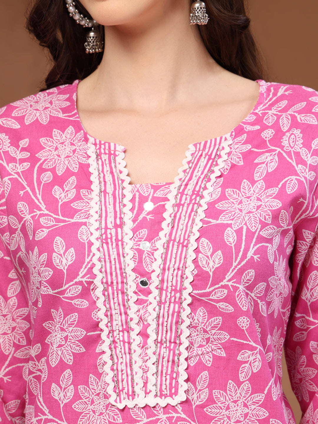 Pink Self Design Cotton Fabric 3/4 Sleeves Round Neck Calf length Kurta Bottom Set With Dupatta