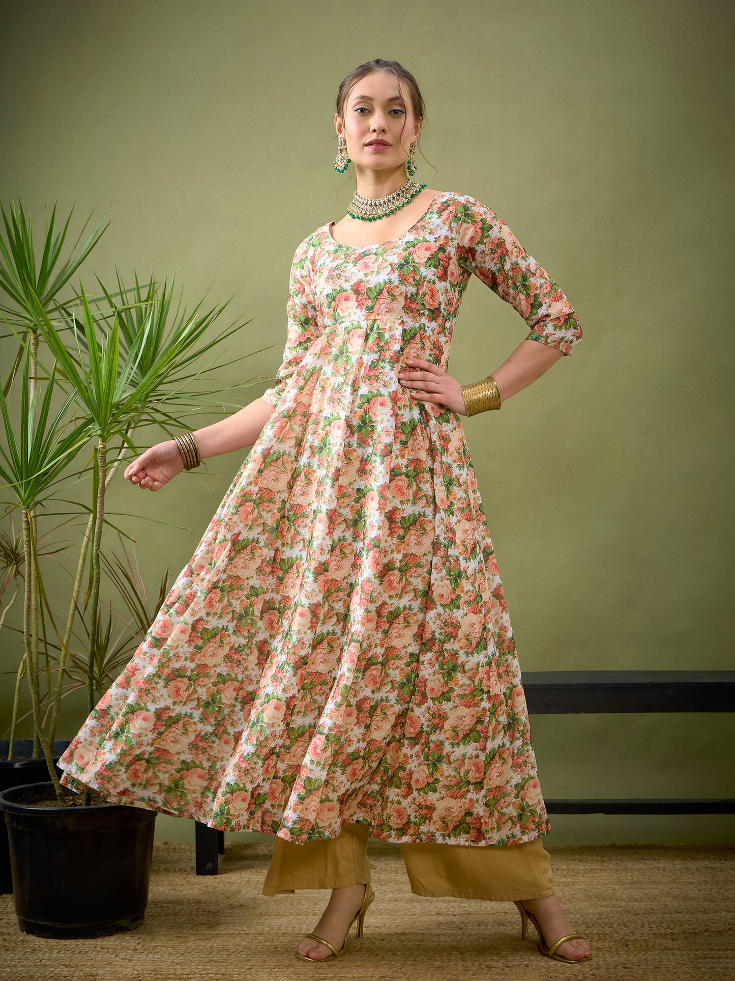 Peach Chanderi Floral Anarkali Maxi Dress