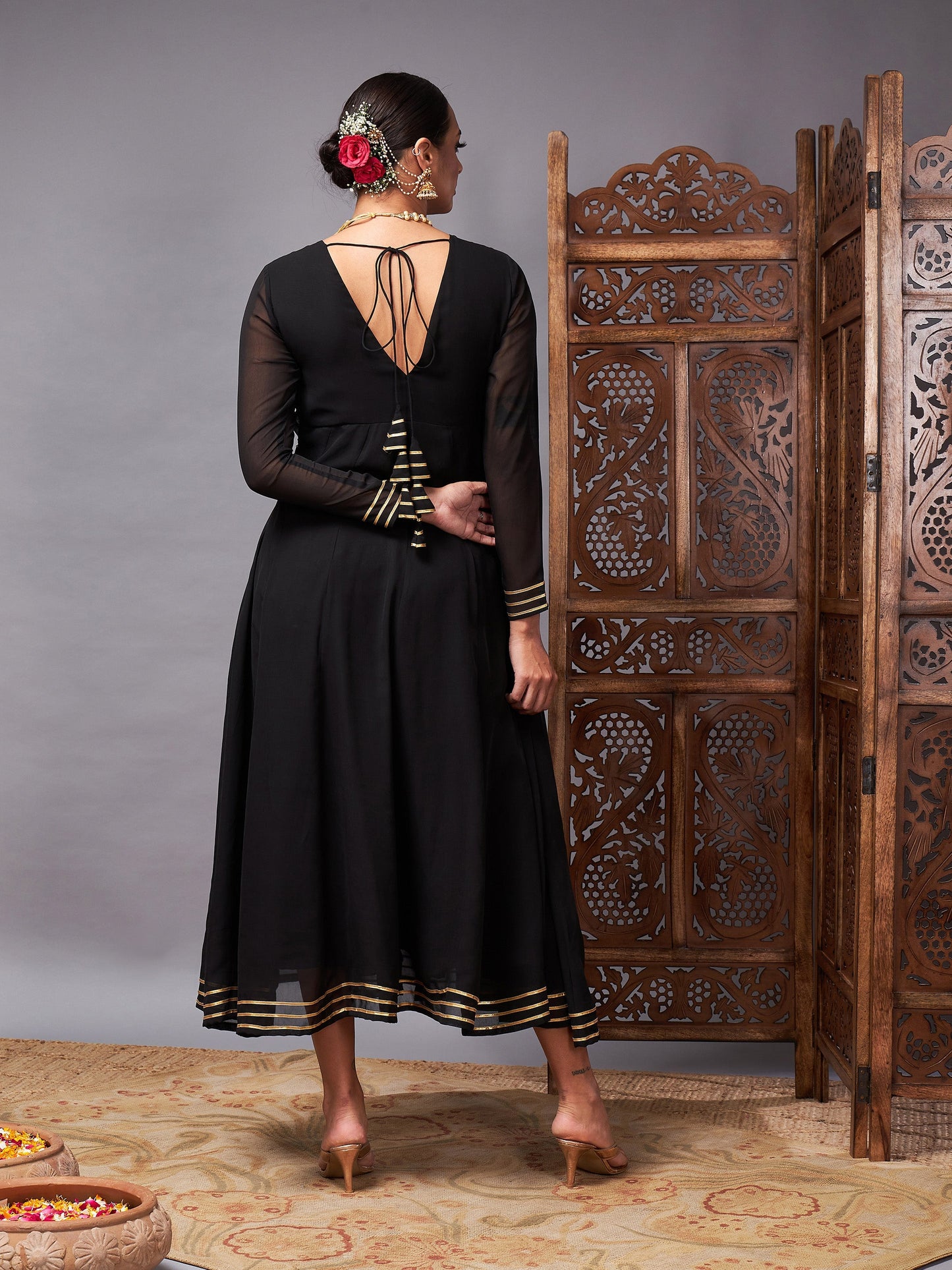 Black Gota Lace Detail Anarkali Maxi Dress