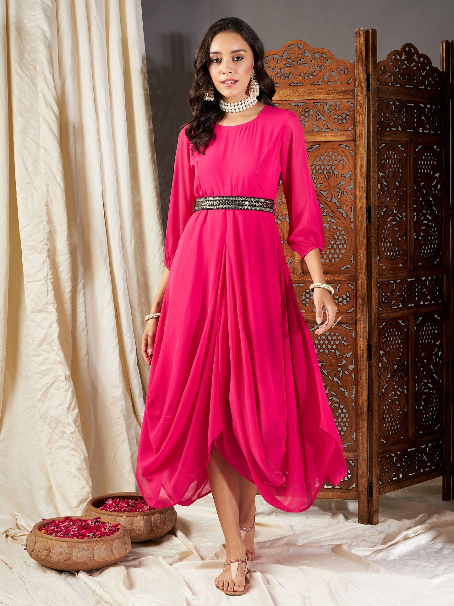 Fuchsia Embroidered Belt Dhoti Dress