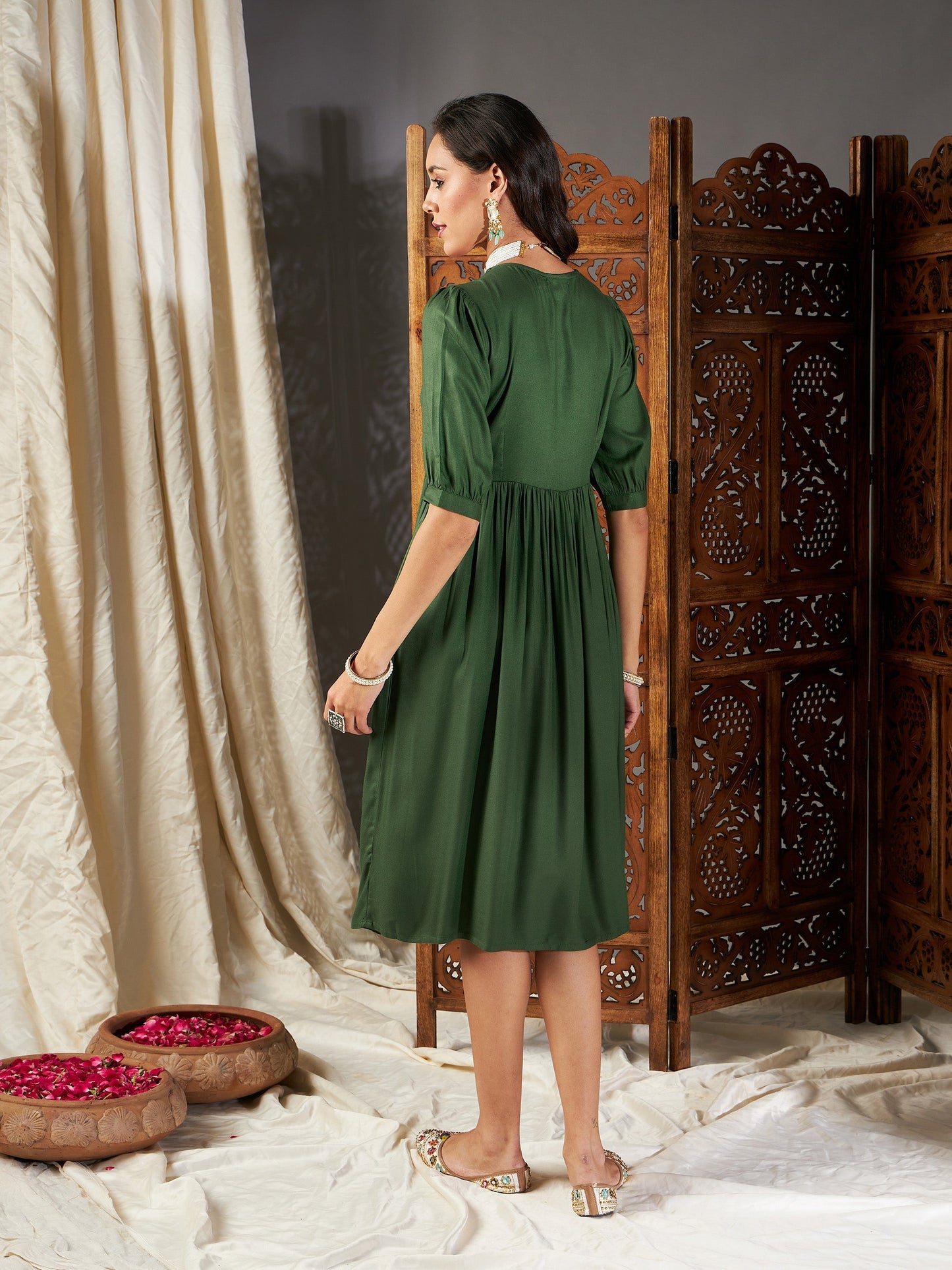 Green Embroidered Yoke Gathered Dress