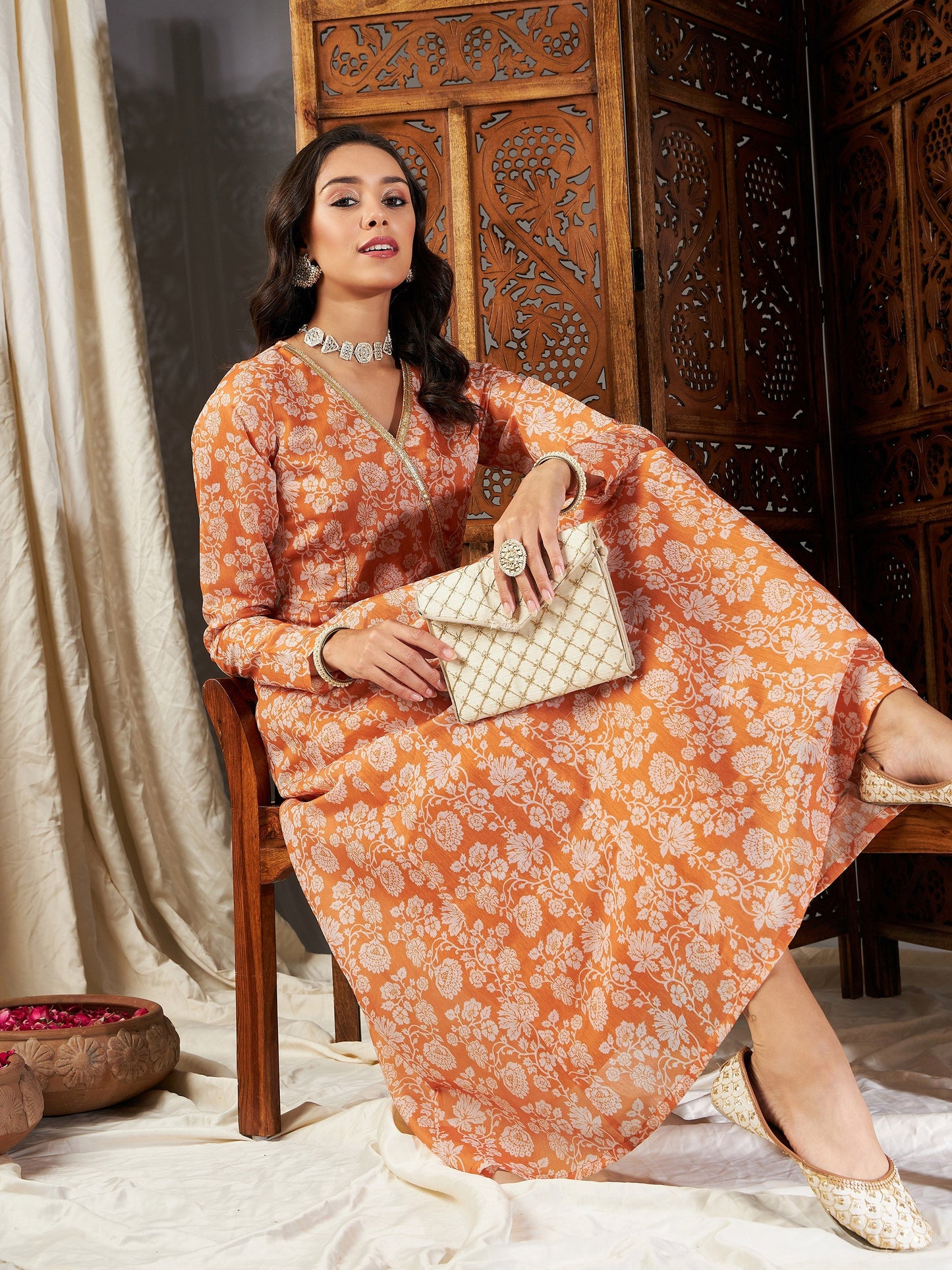 Mustard Floral Wrap Anarkali Maxi Dress