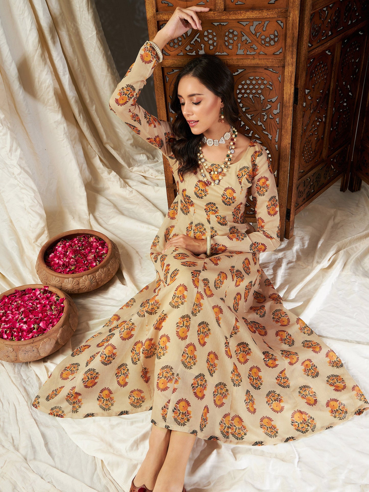 Beige Floral Anarkali Maxi Dress