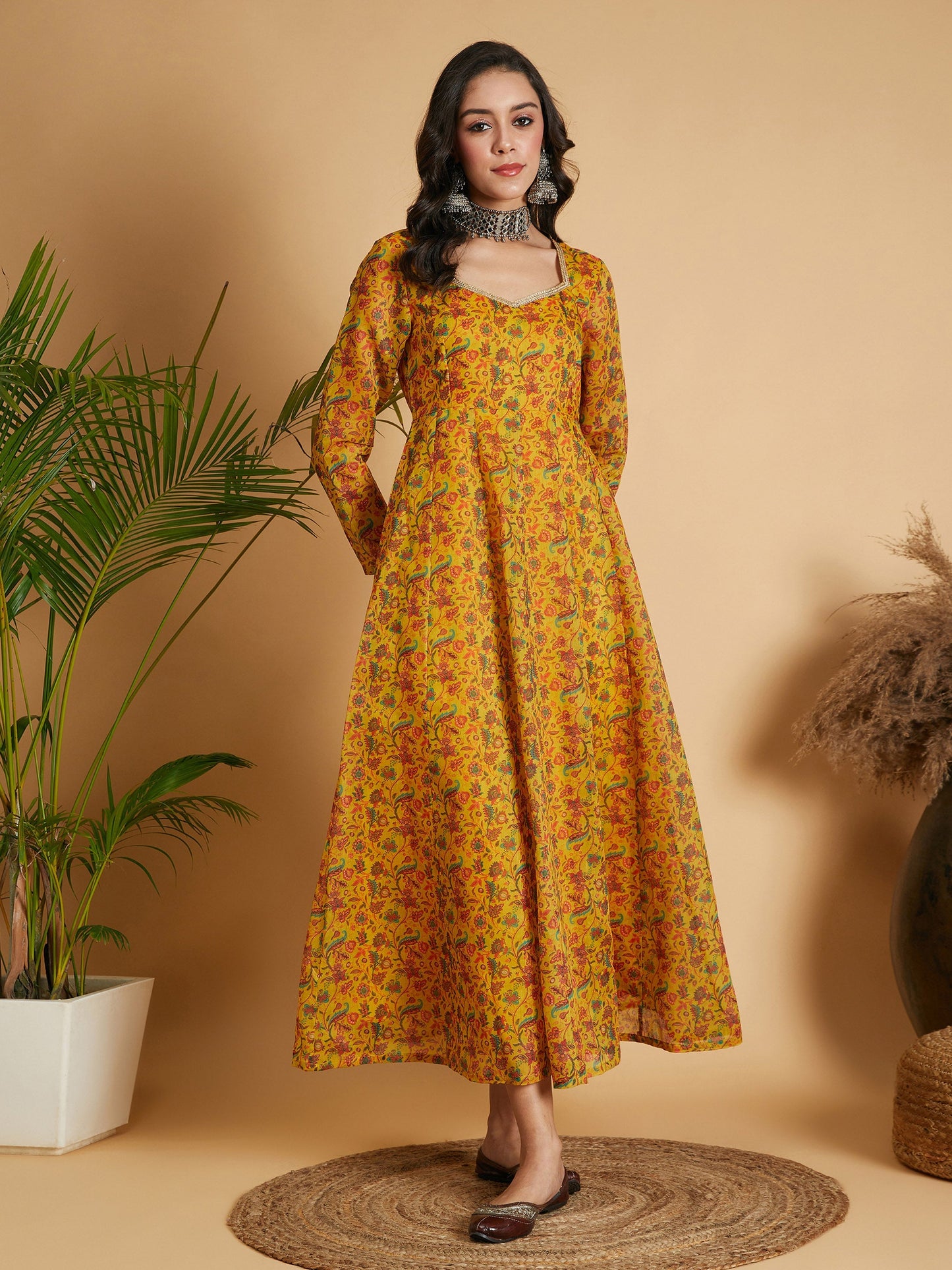 Mustard Floral Anarkali Maxi Dress-Shae by SASSAFRAS
