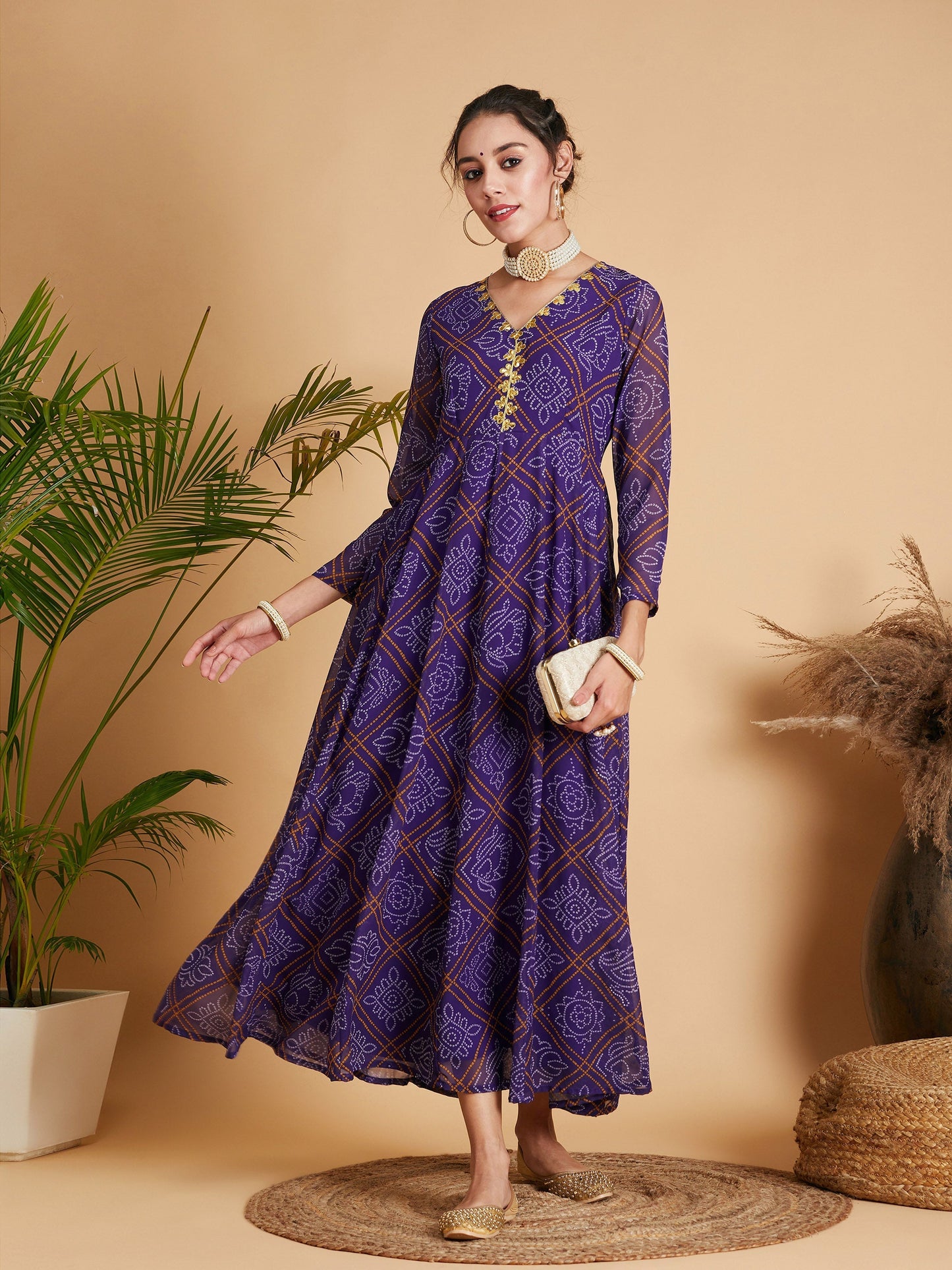 Purple & White Bandhej Anarkali Dress