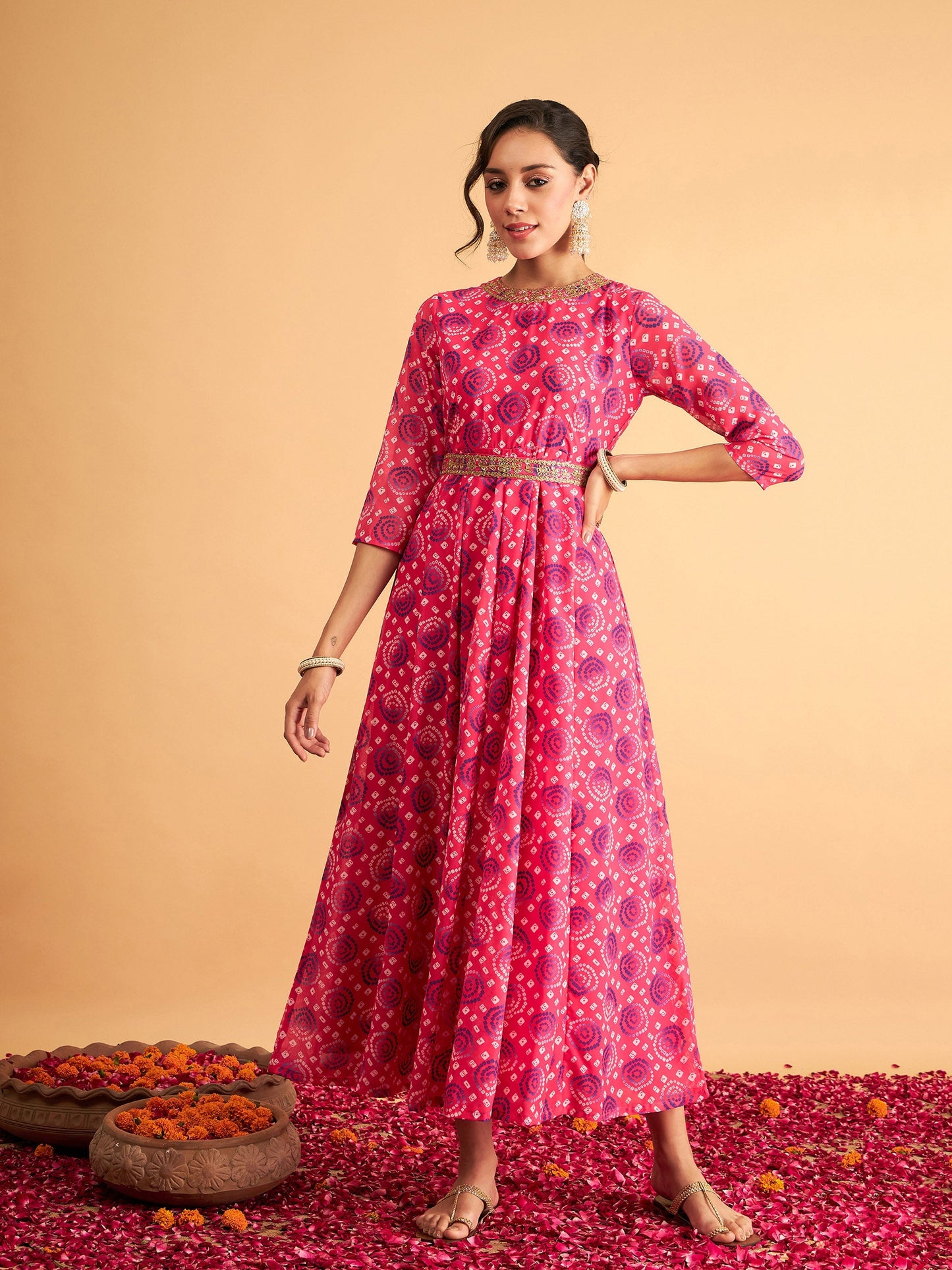 Fuchsia & Blue Bandhej Anarkali Dress