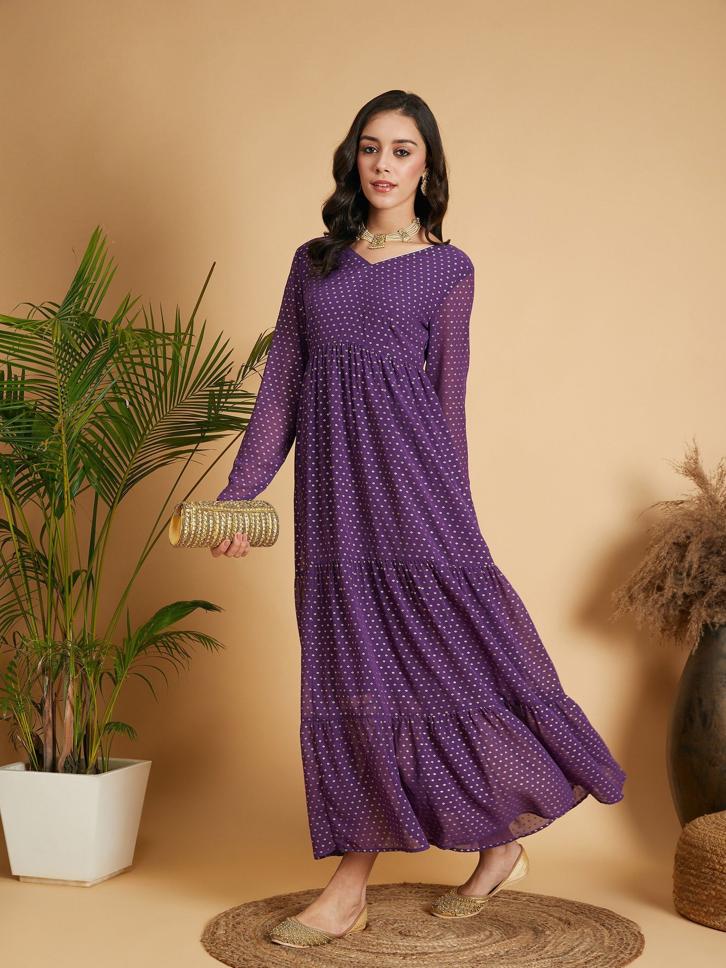 Purple Dot Foil Print Tiered Maxi Dress