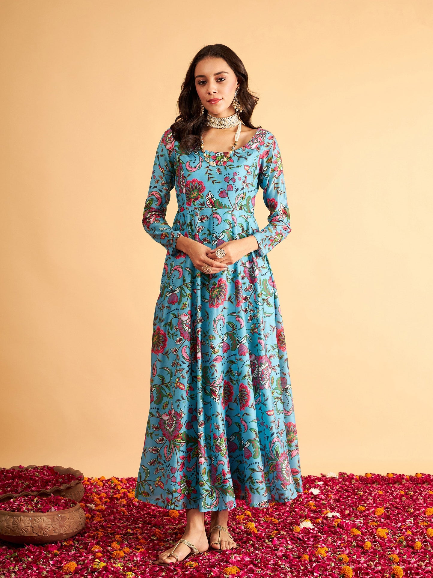 Blue Floral Round Neck Anarkali Maxi Dress