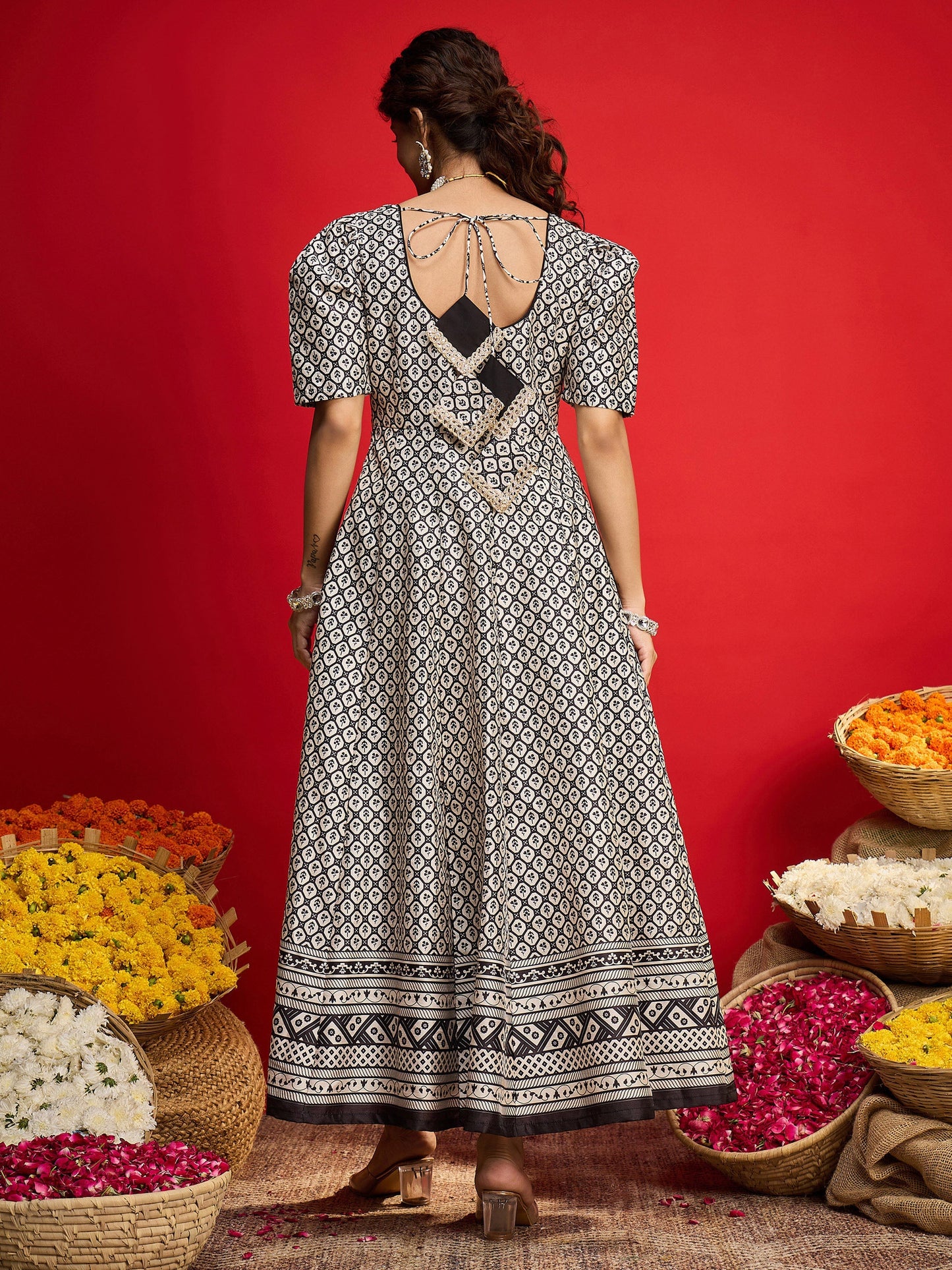 Black & White Geometric Anarkali Maxi Dress