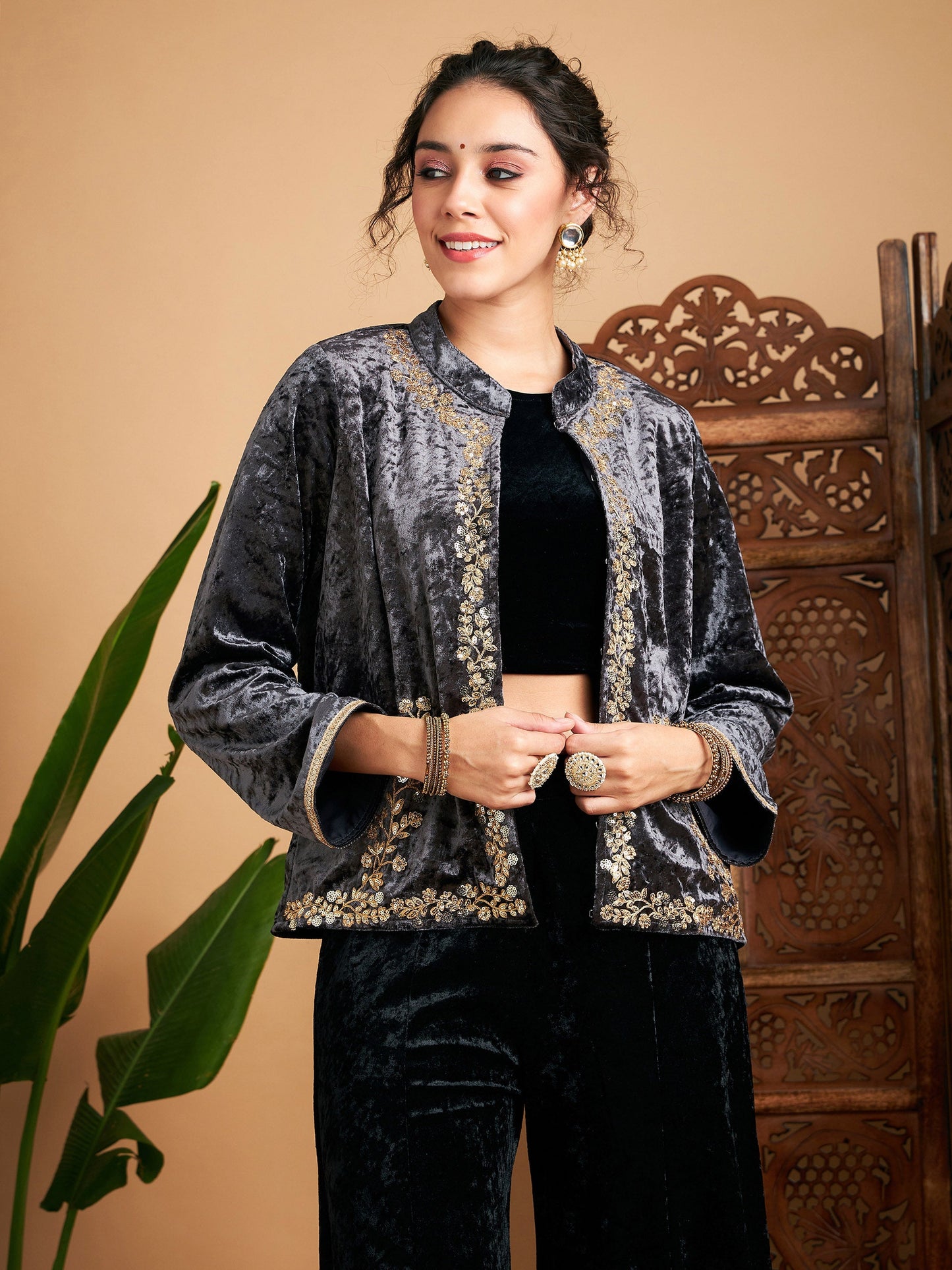Grey Velvet Embroidered Jacket