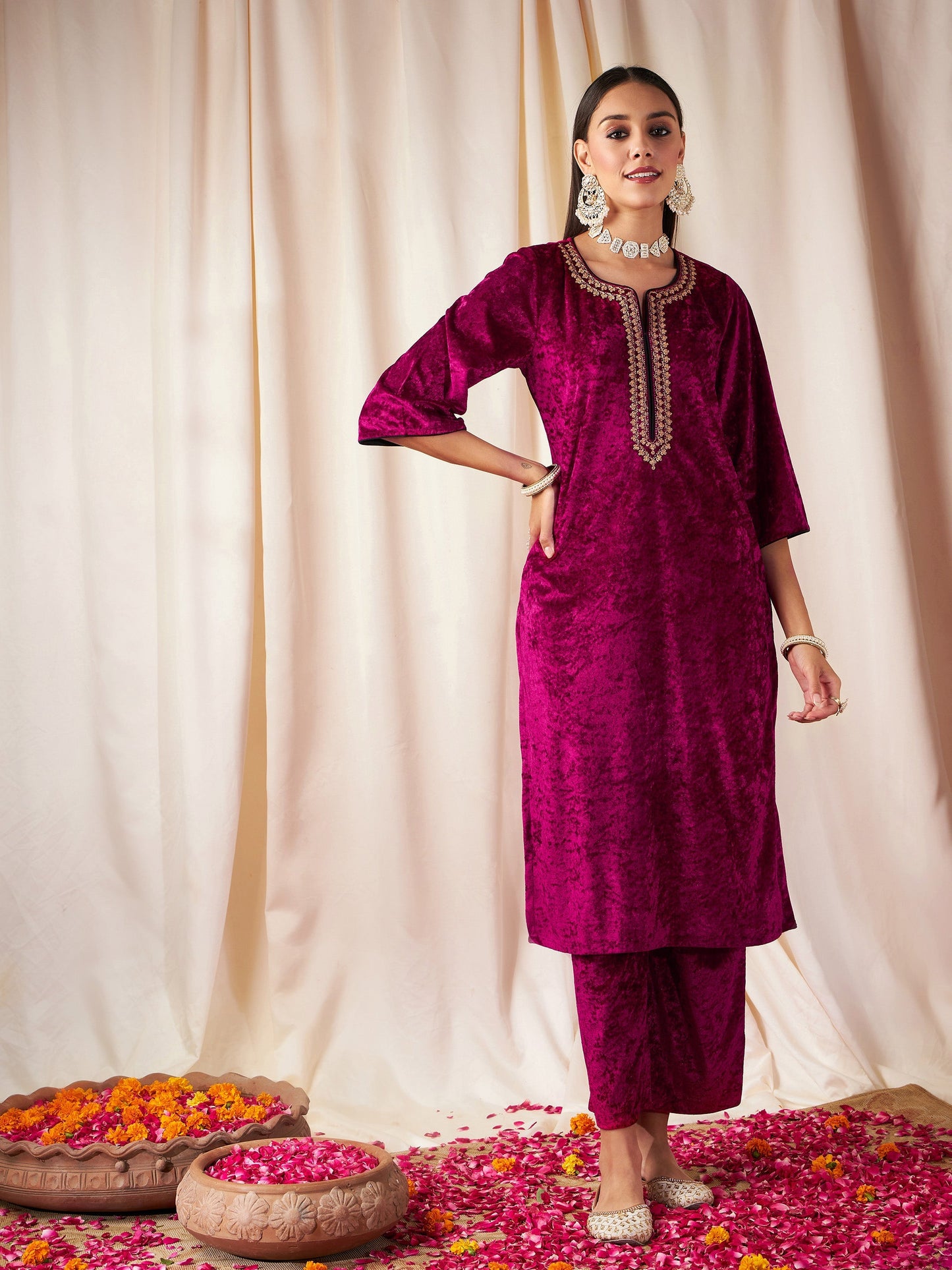 Fuchsia Velvet Straight Kurta-Shae by SASSAFRAS