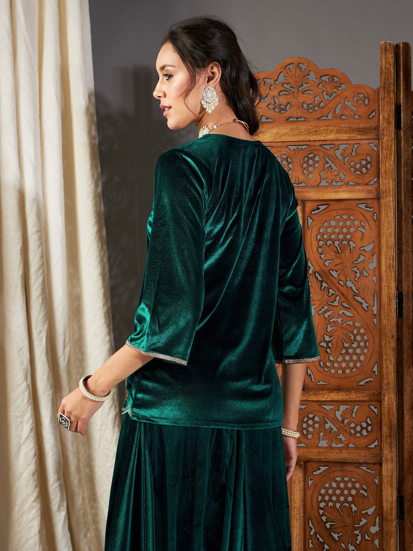 Green Velvet Embroidered Short Kurta