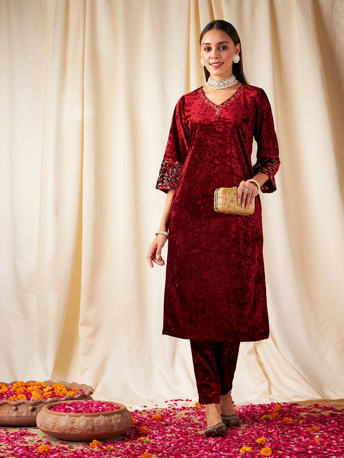 Maroon Velvet Sleeve Embroidered Straight Kurta-Shae by SASSAFRAS