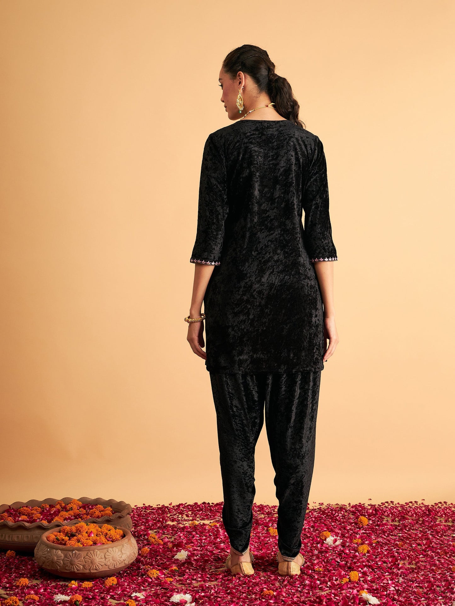 Black Velvet Front Yoke Embroidered Short Kurta