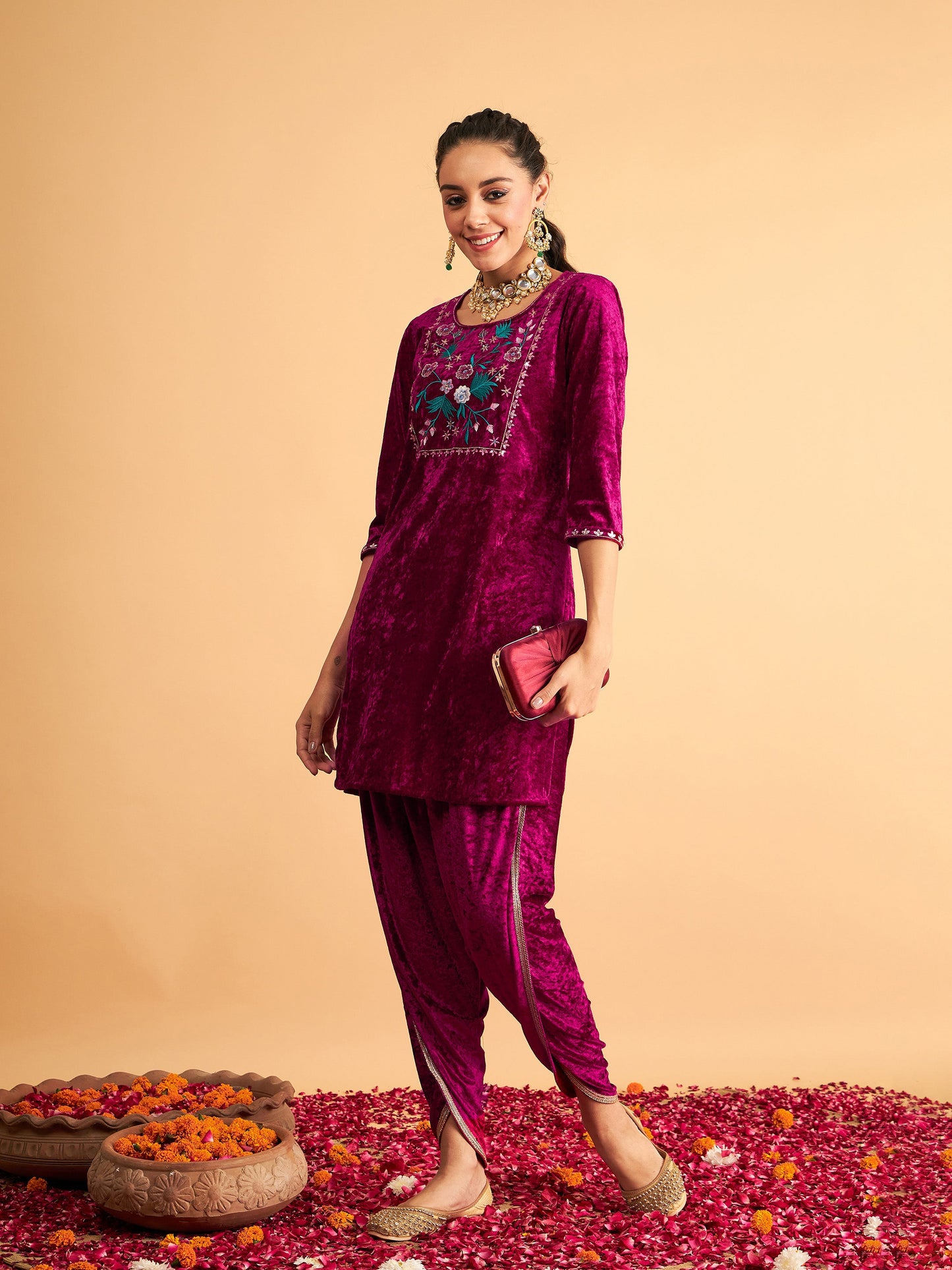 Fuchsia Velvet Front Yoke Embroidered Short Kurta
