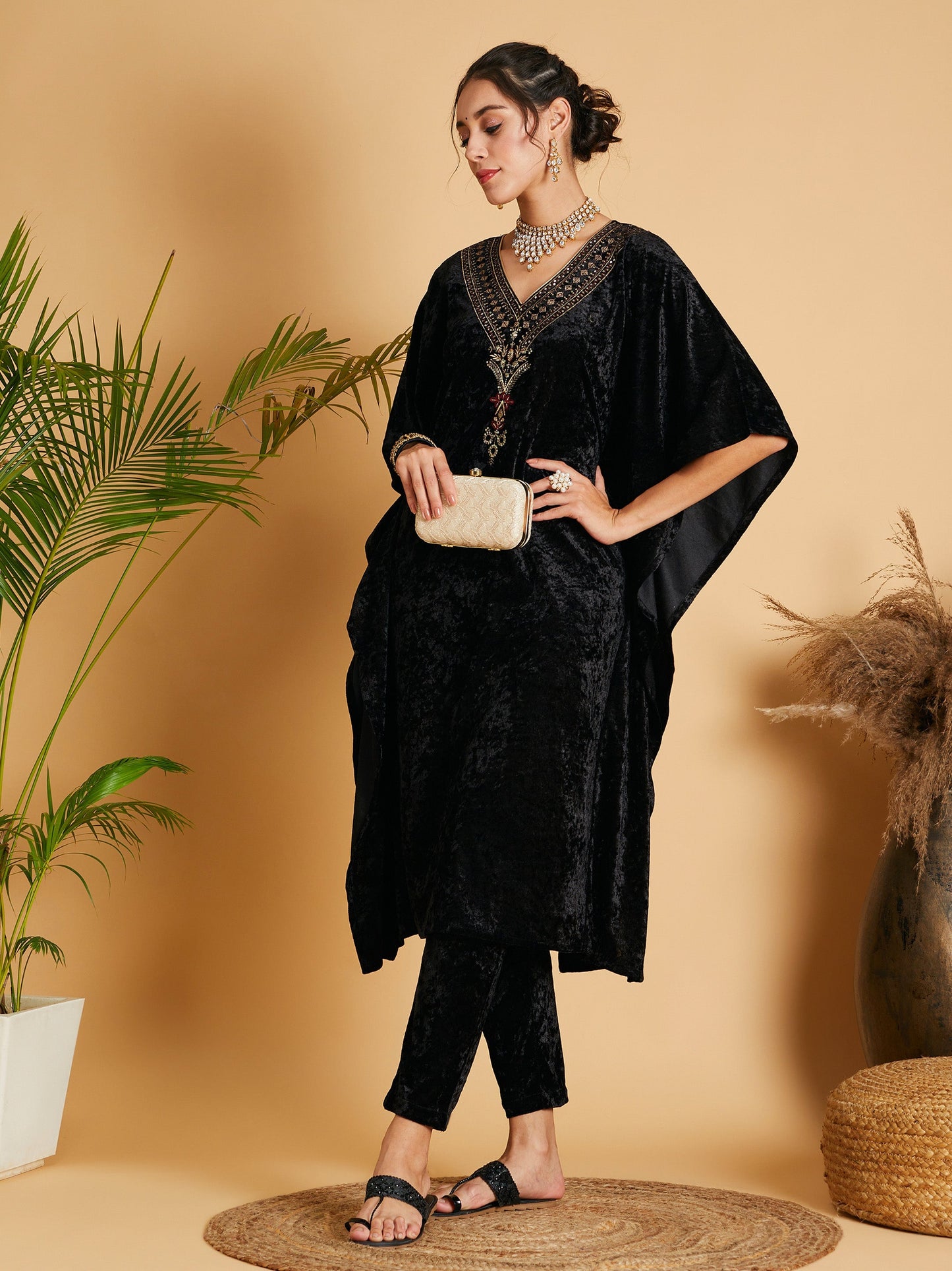 Black Velvet Kaftan Kurta-Shae by SASSAFRAS