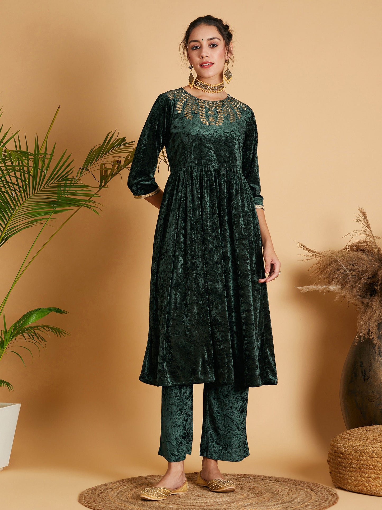 Emerald Neck Embroidered Velvet Gathered Kurta