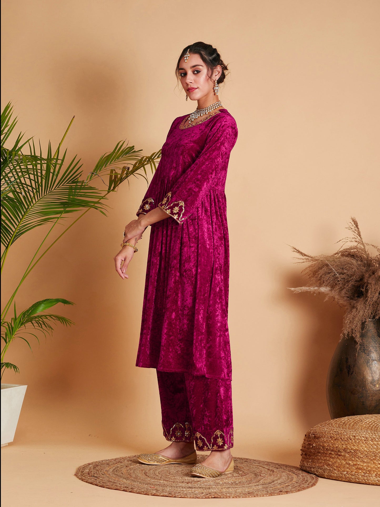 Women Fuchsia Velvet Embroidered Gathered Kurta