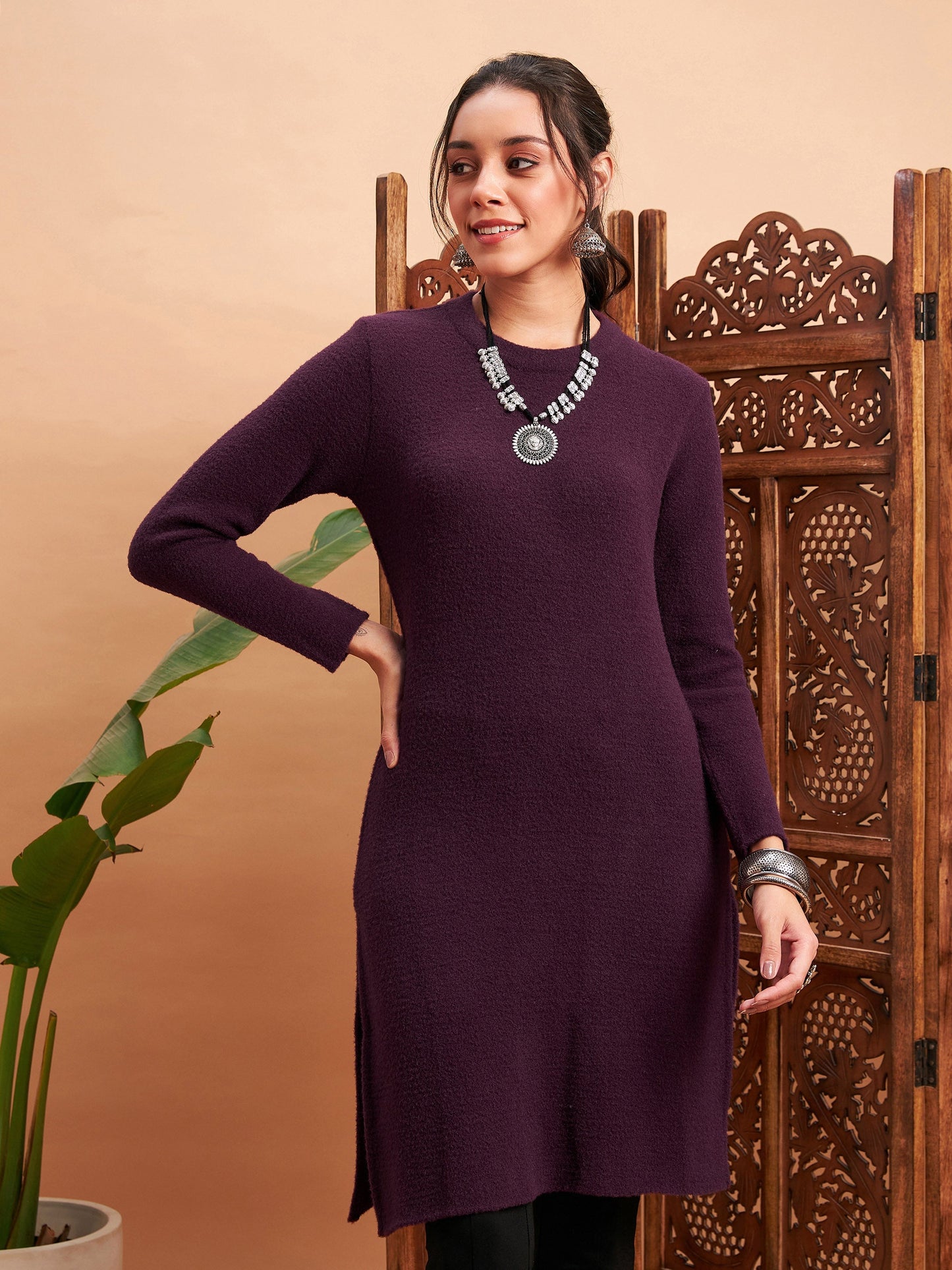 Maroon Solid Hair Wool Straight Kurta-Shae by SASSAFRAS