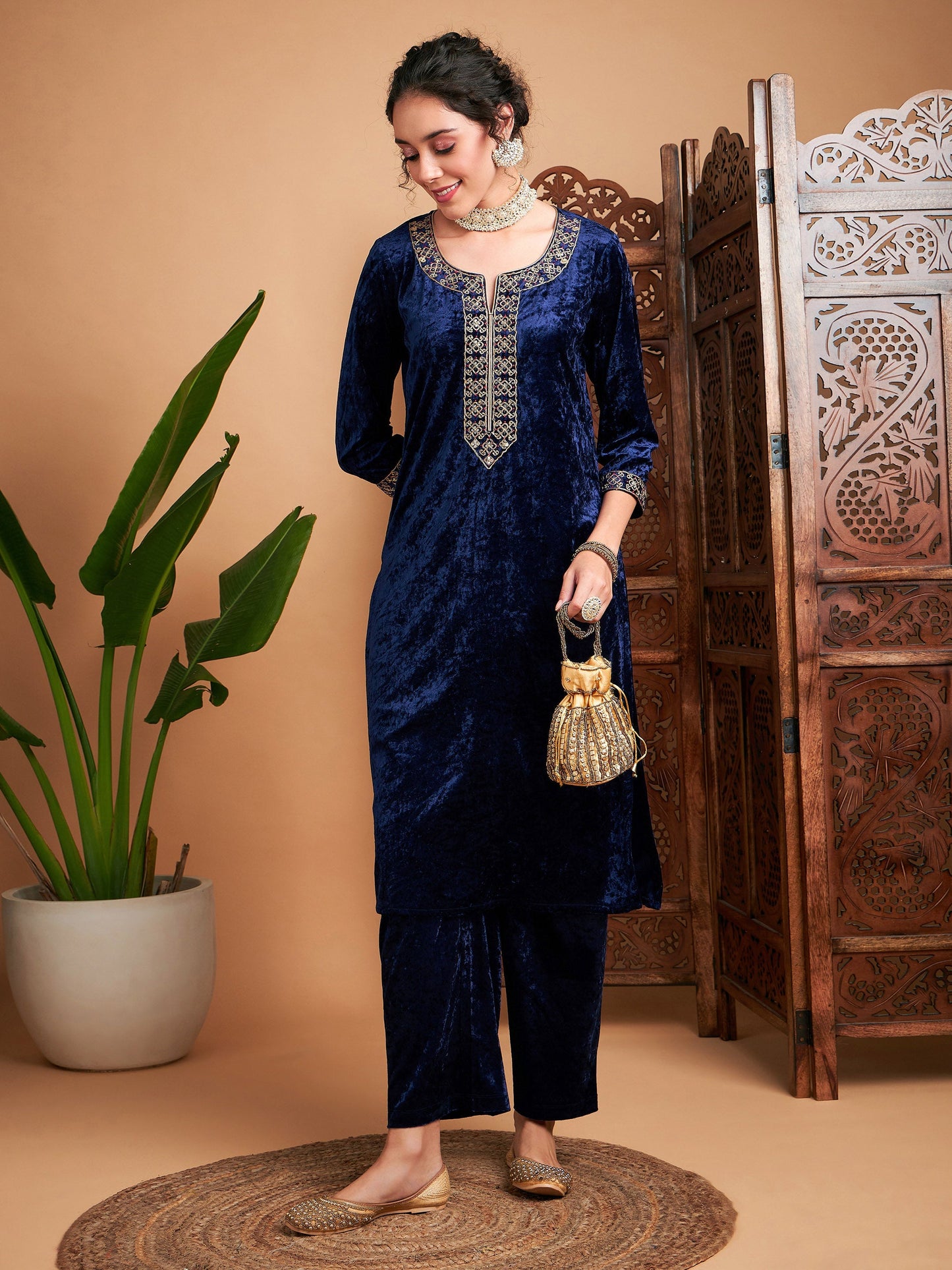 Navy Velvet Embroidered Straight Kurta-Shae by SASSAFRAS