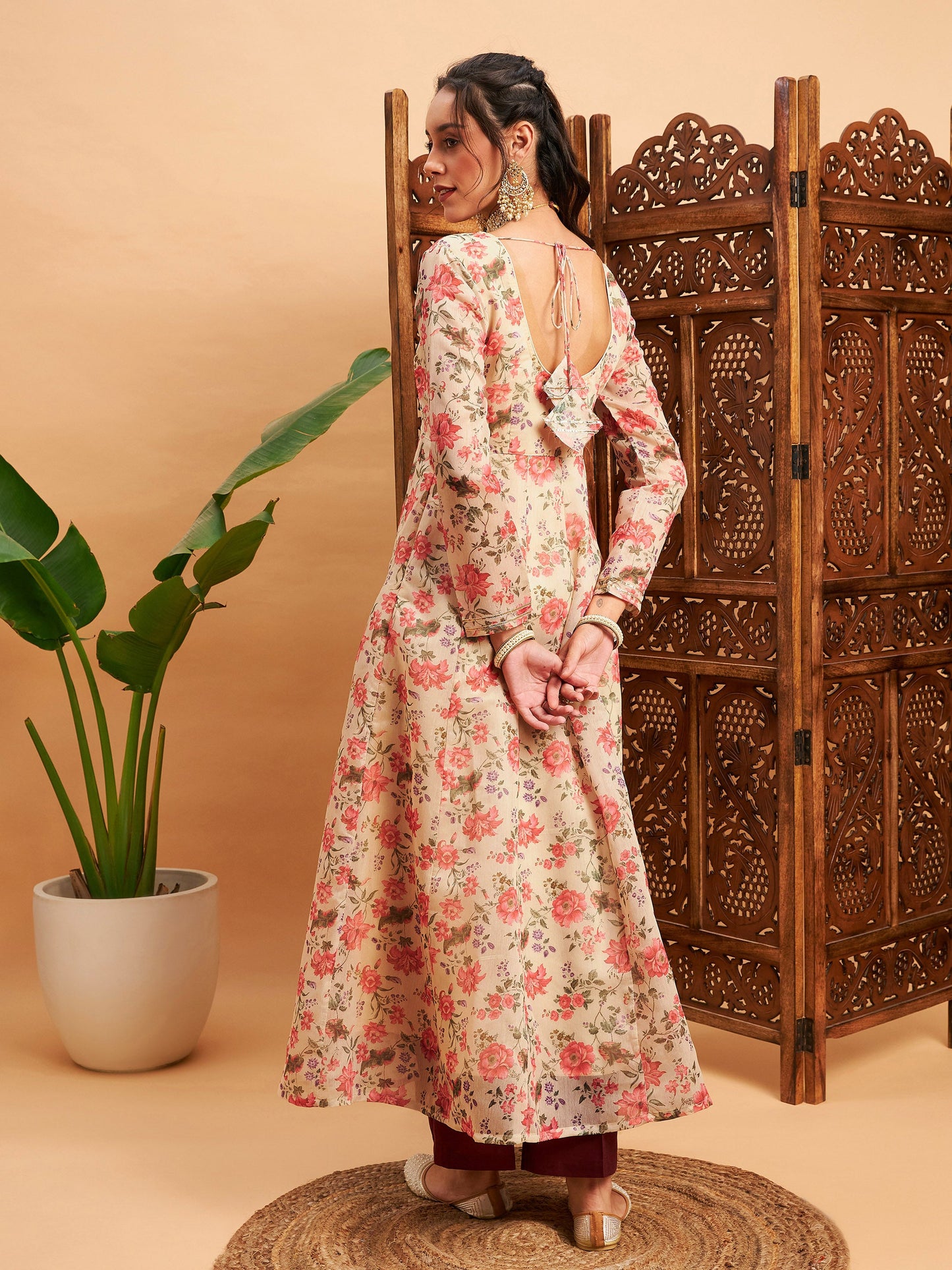 Beige Floral Round Neck Anarkali Maxi Kurta