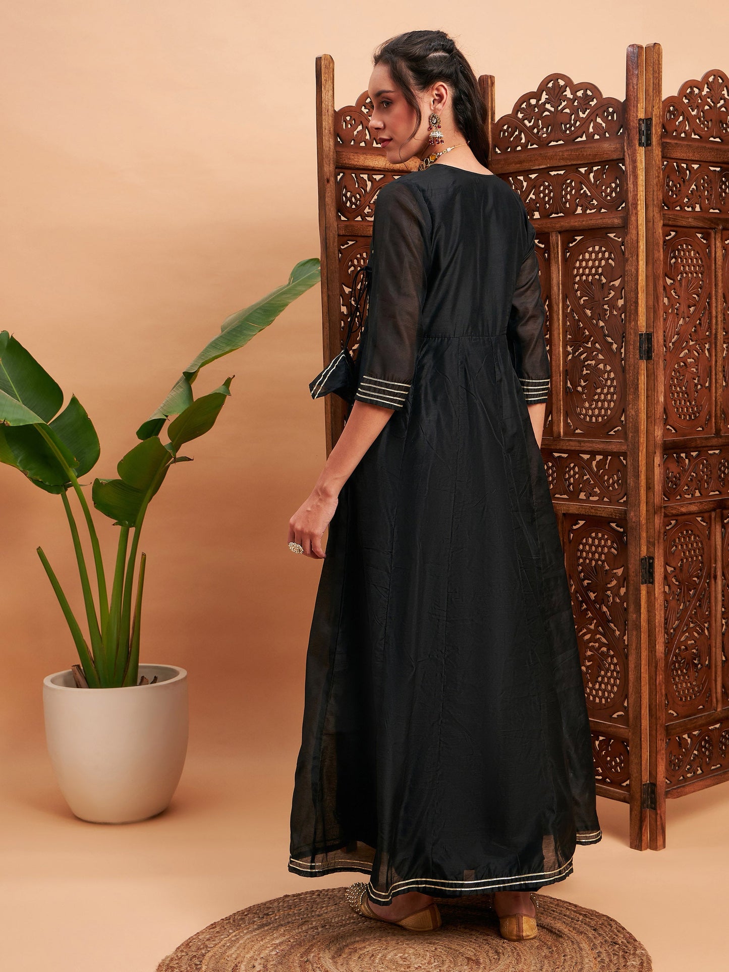 Black Chanderi Embroidered Wrap Anarkali Kurta