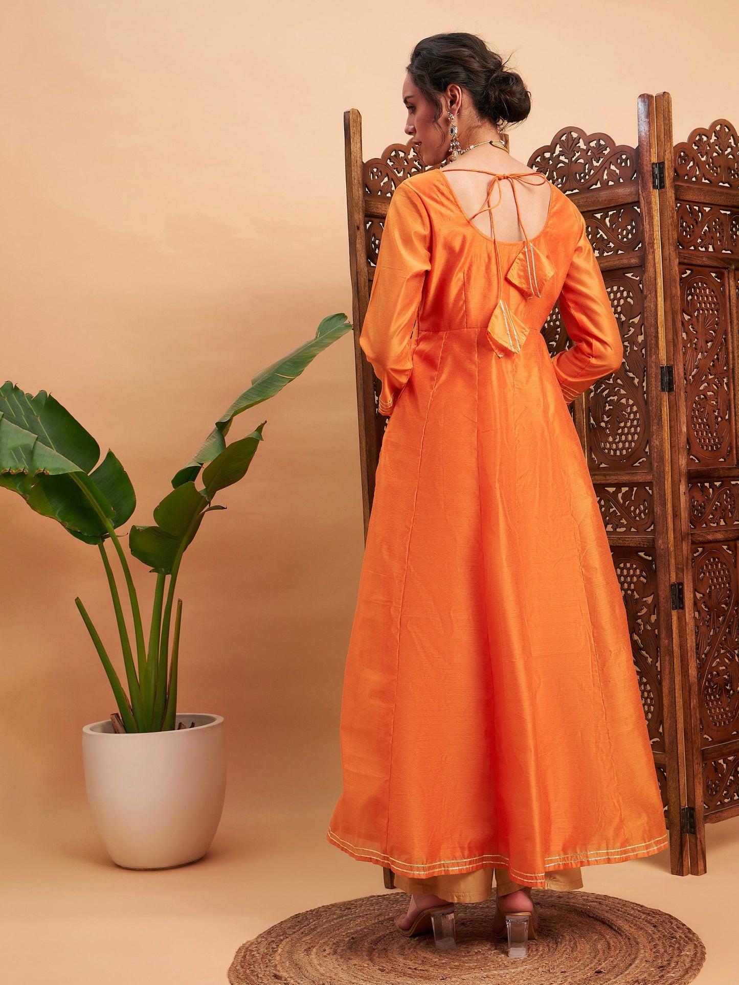 Orange Chanderi Embroidered Anarkali Maxi Kurta