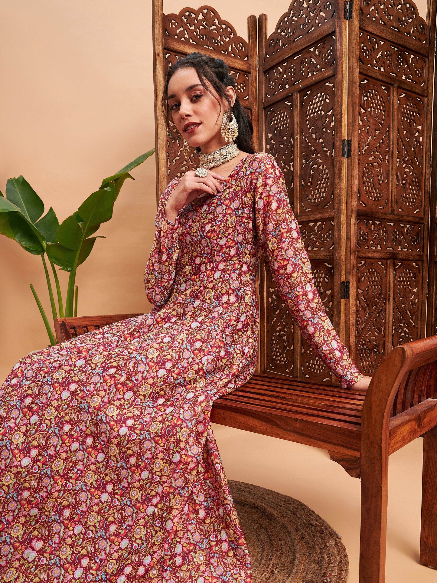 Maroon Chanderi Floral Anarkali Maxi Kurta