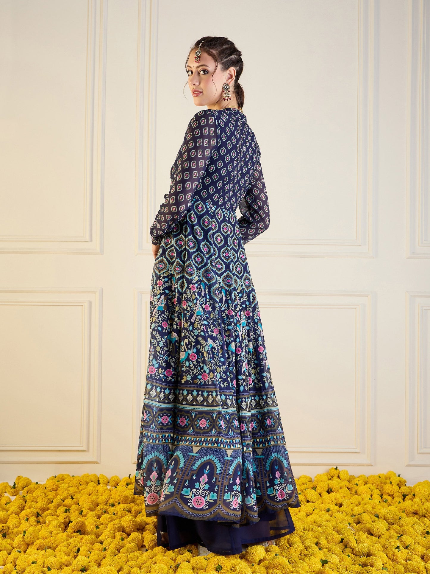 Navy Floral Sweetheart Neck Anarkali Kurta