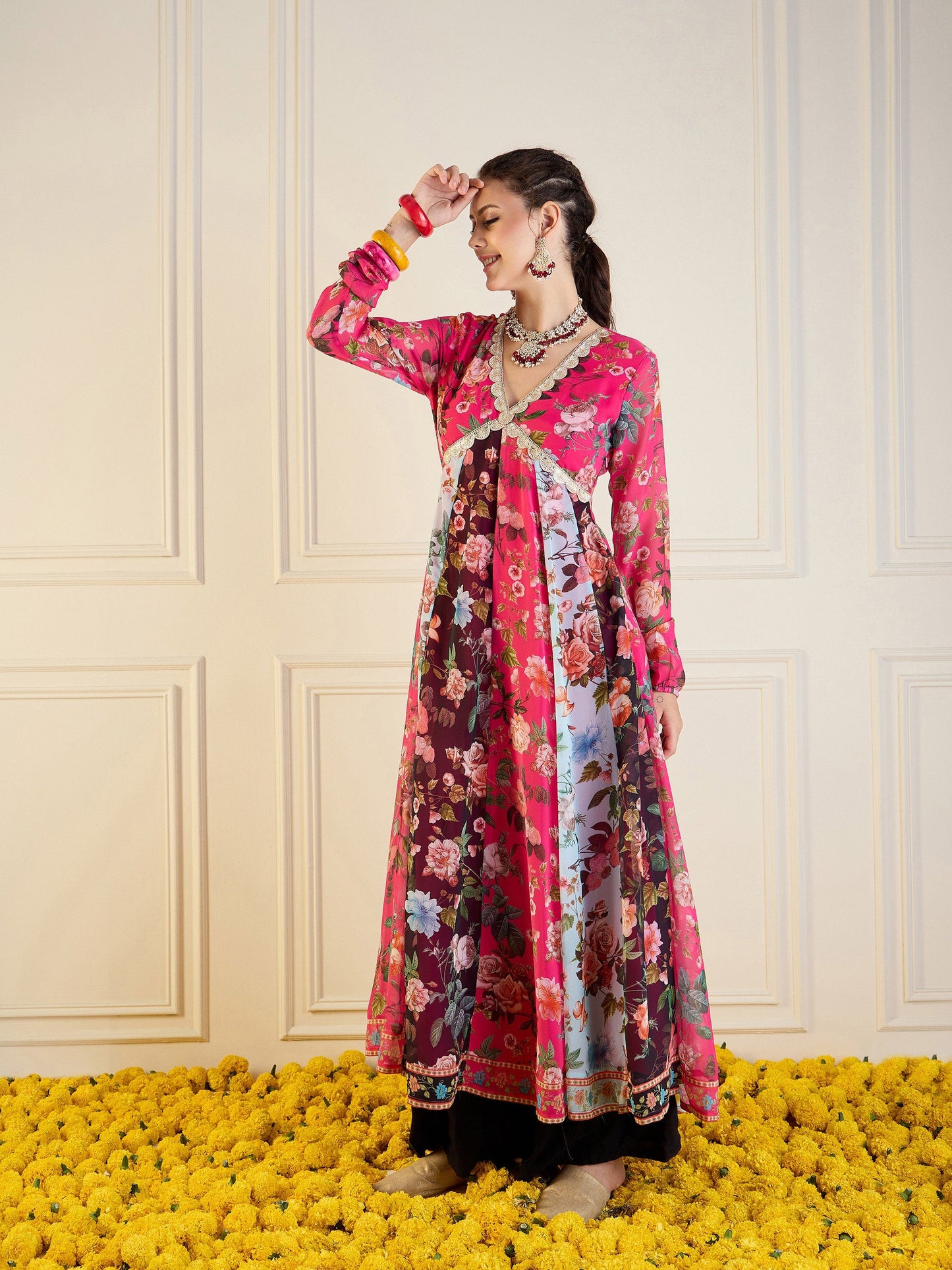 Fuchsia & Black Floral Long Anarkali Kurta