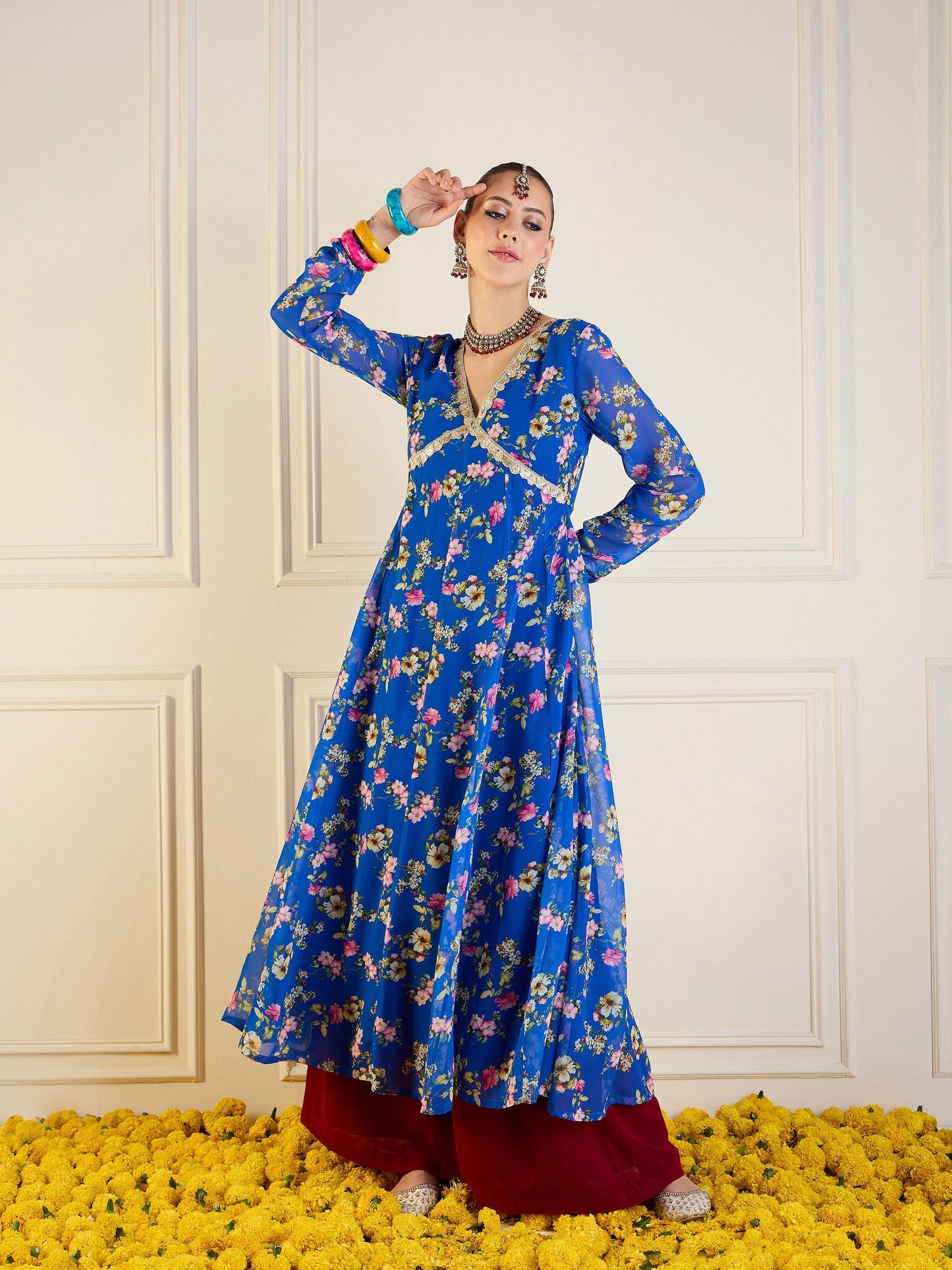 Royal Blue Floral Long Anarkali Kurta