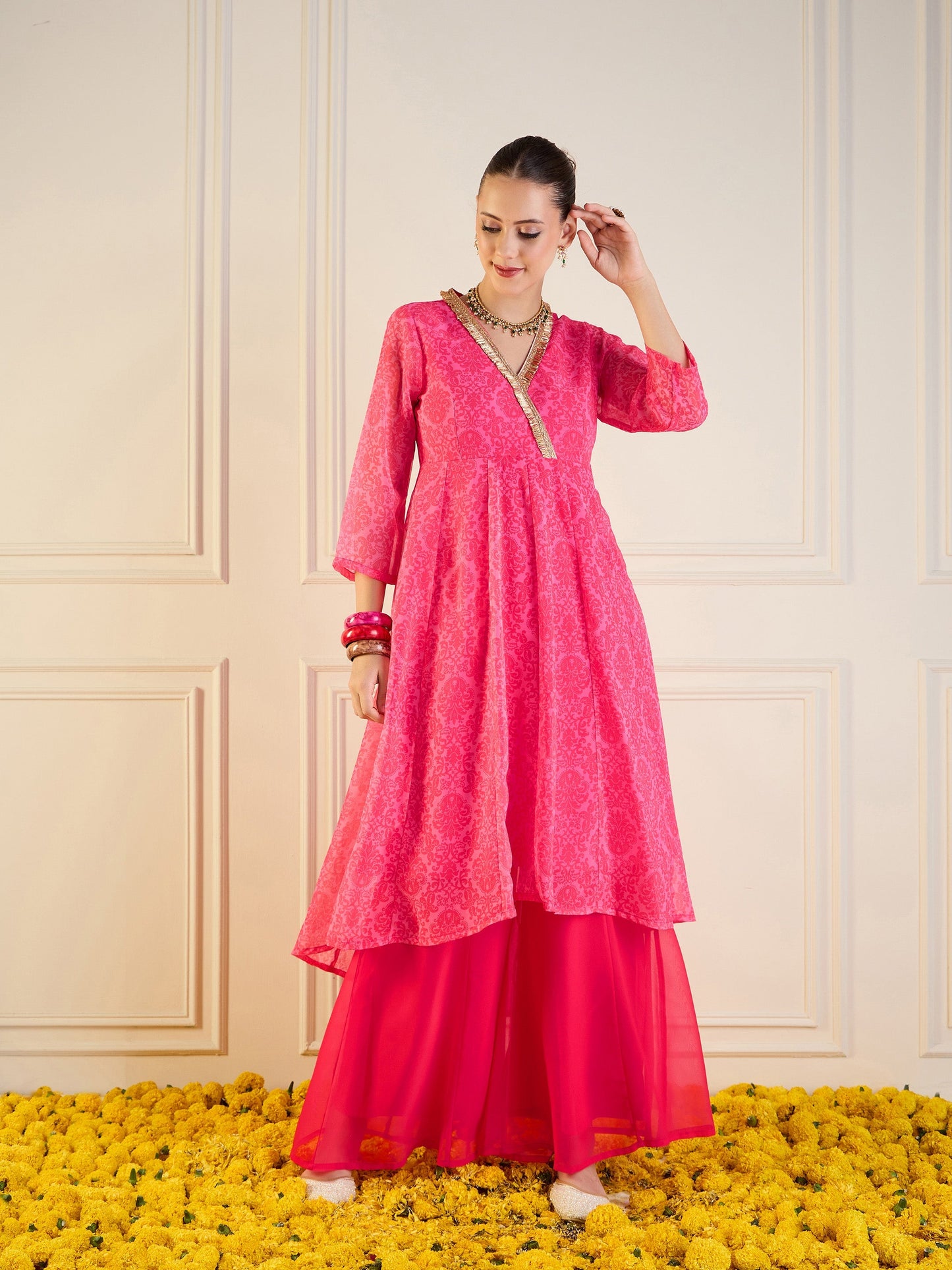 Pink Floral High Low Anarkali Kurta