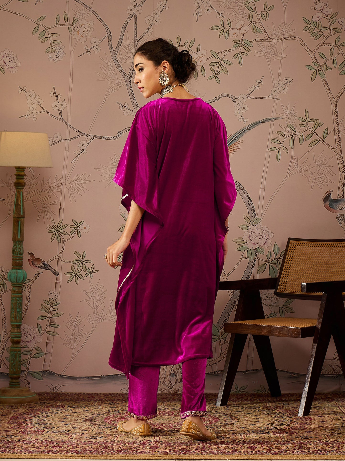 Fuchsia Velvet Front Embroidered Kaftan Kurta-Shae by SASSAFRAS