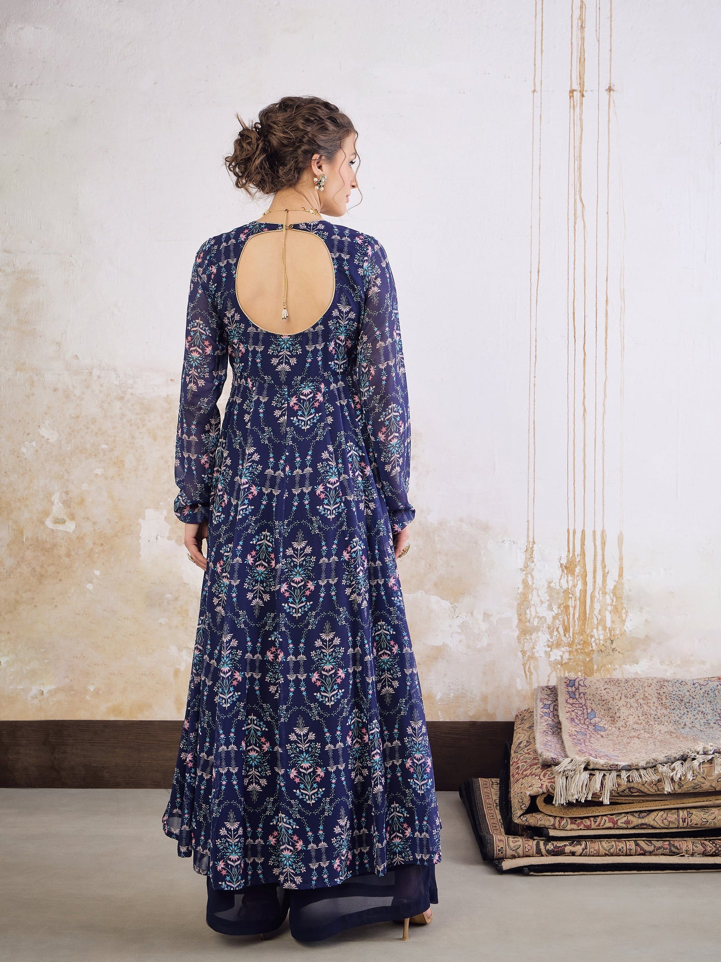 Navy Blue Floral V Neck Anarkali Kurta -Shae by SASSAFRAS