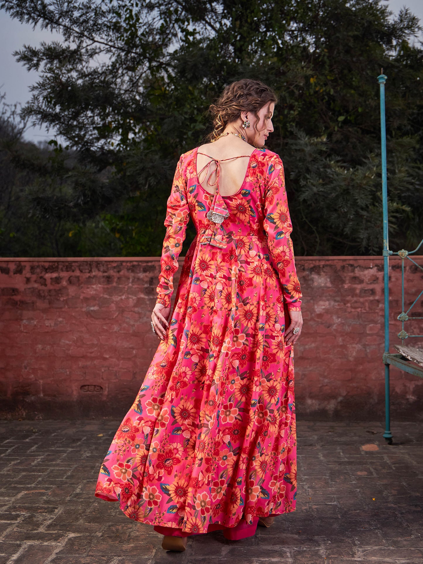 Pink Floral Poly Muslin Anrkali Kurta-Shae by SASSAFRAS