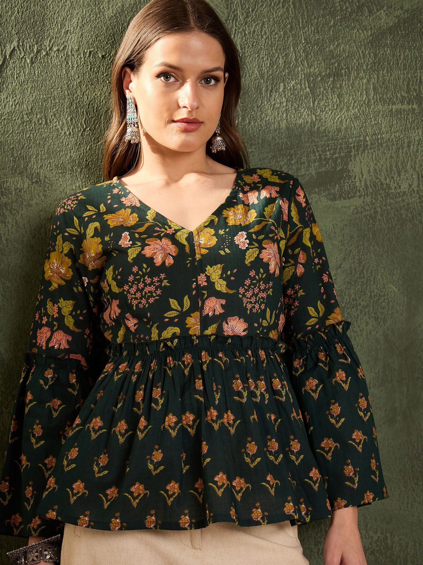 Dark Green Floral V Neck Frill Sleeve Peplum Kurti