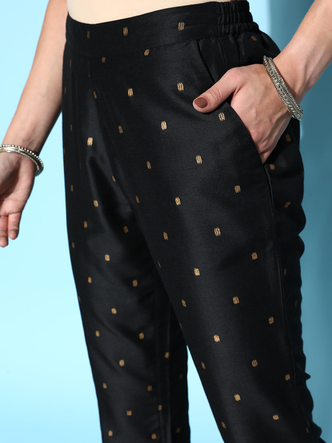 Black Cotton Silk Geo Foil Pencil Pants
