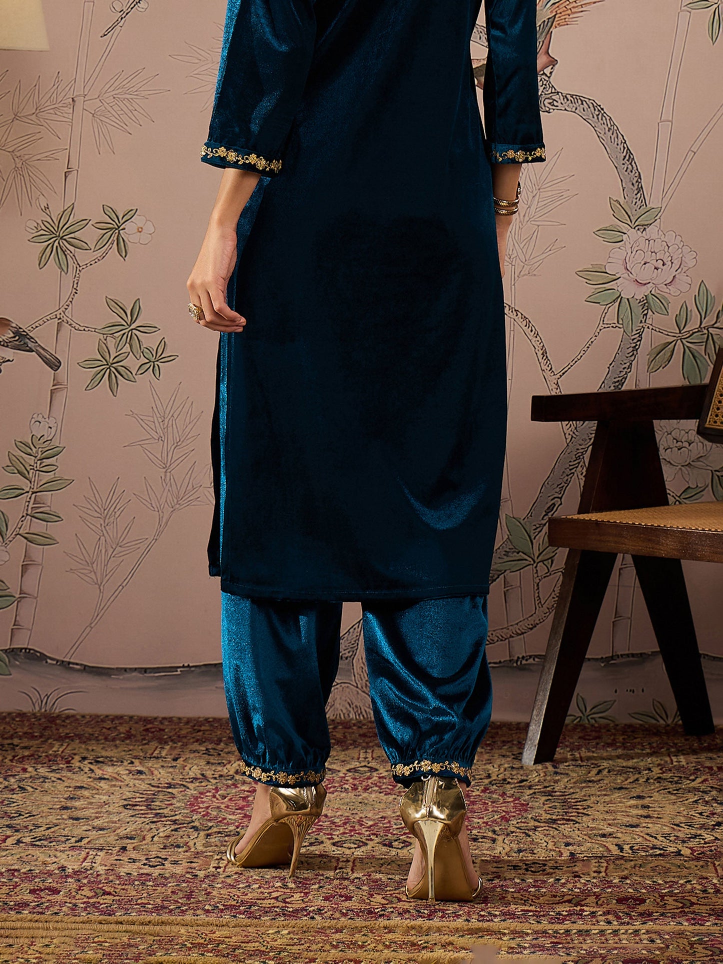 Teal Velvet Hem Embroidered Afghani Pants -Shae by SASSAFRAS