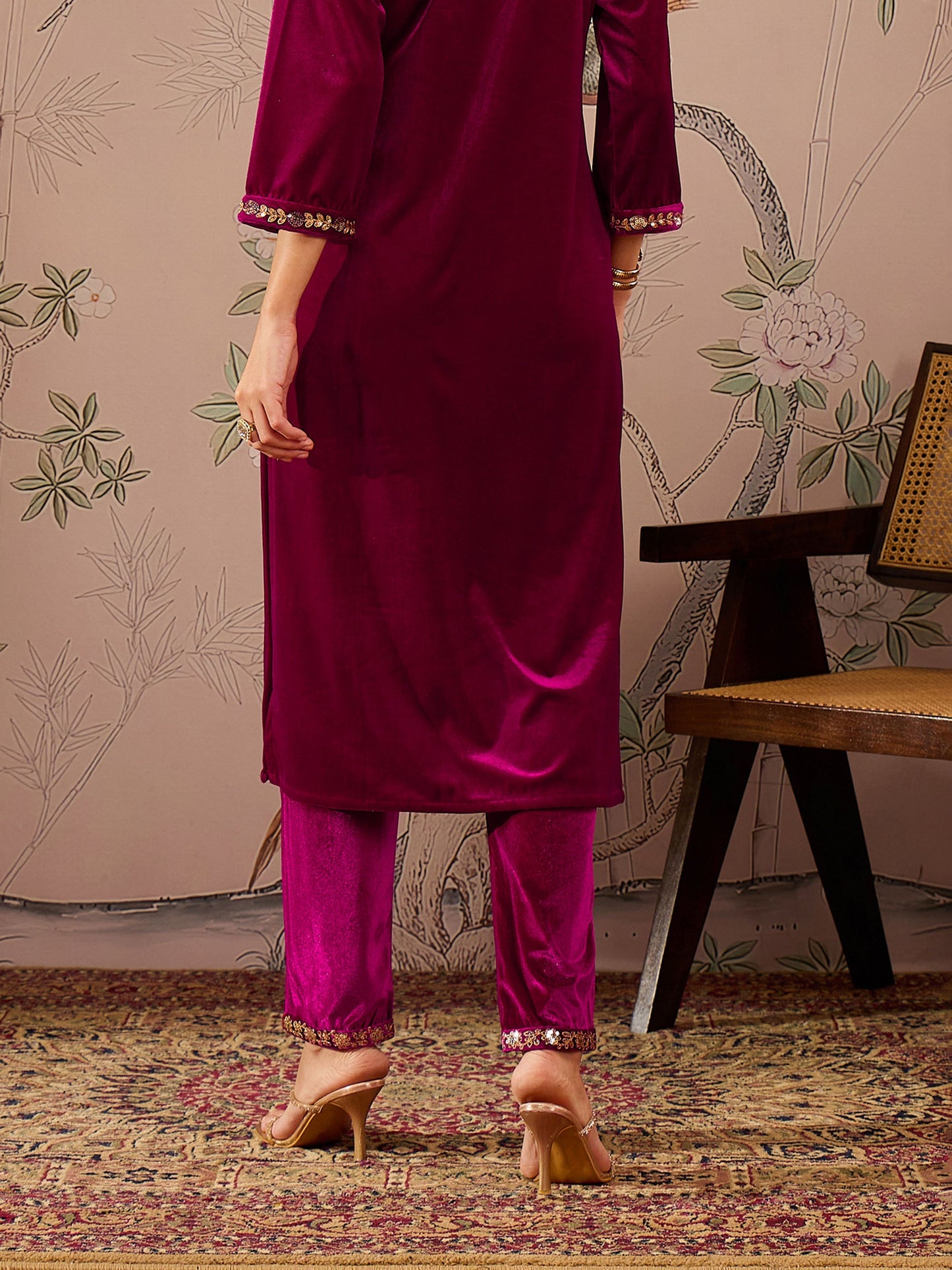 Fuchsia Velvet Elasticated Straight Pants -Shae by SASSAFRAS