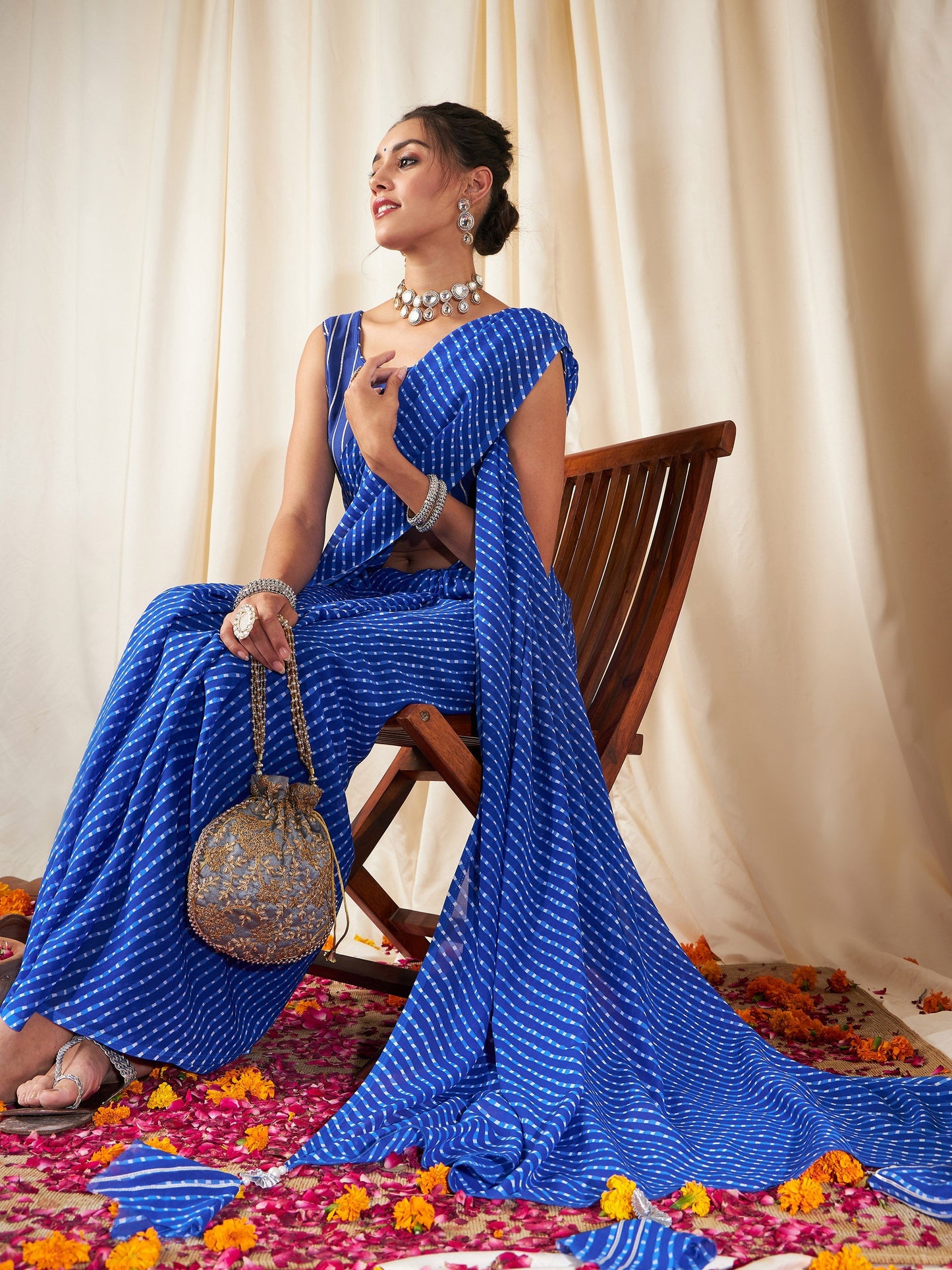 Blue Lehariya Saree With Unstitched Gota Blouse