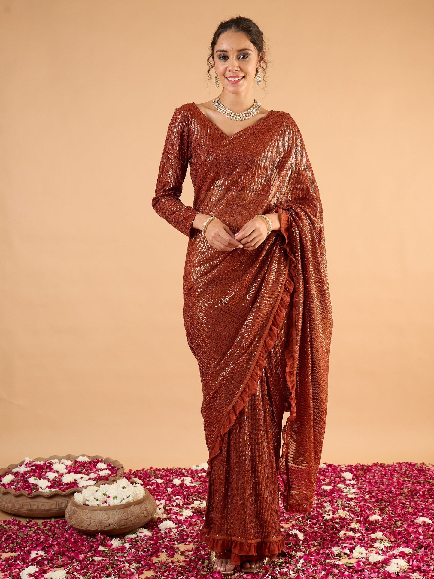 Women Rust Sequins RTW Draped Saree With Unstitched Blouse