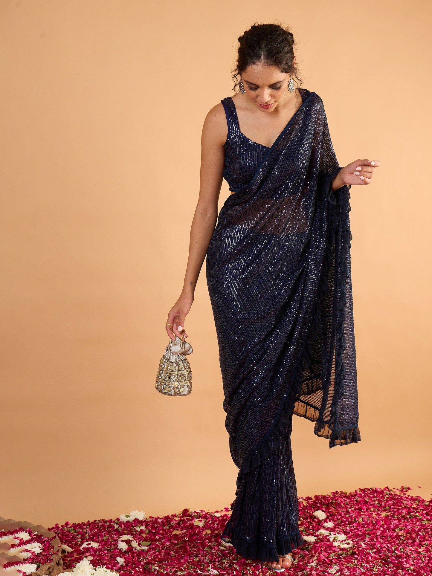 Women Navy Blue Sequins RTW Draped Saree With Unstitched Blouse