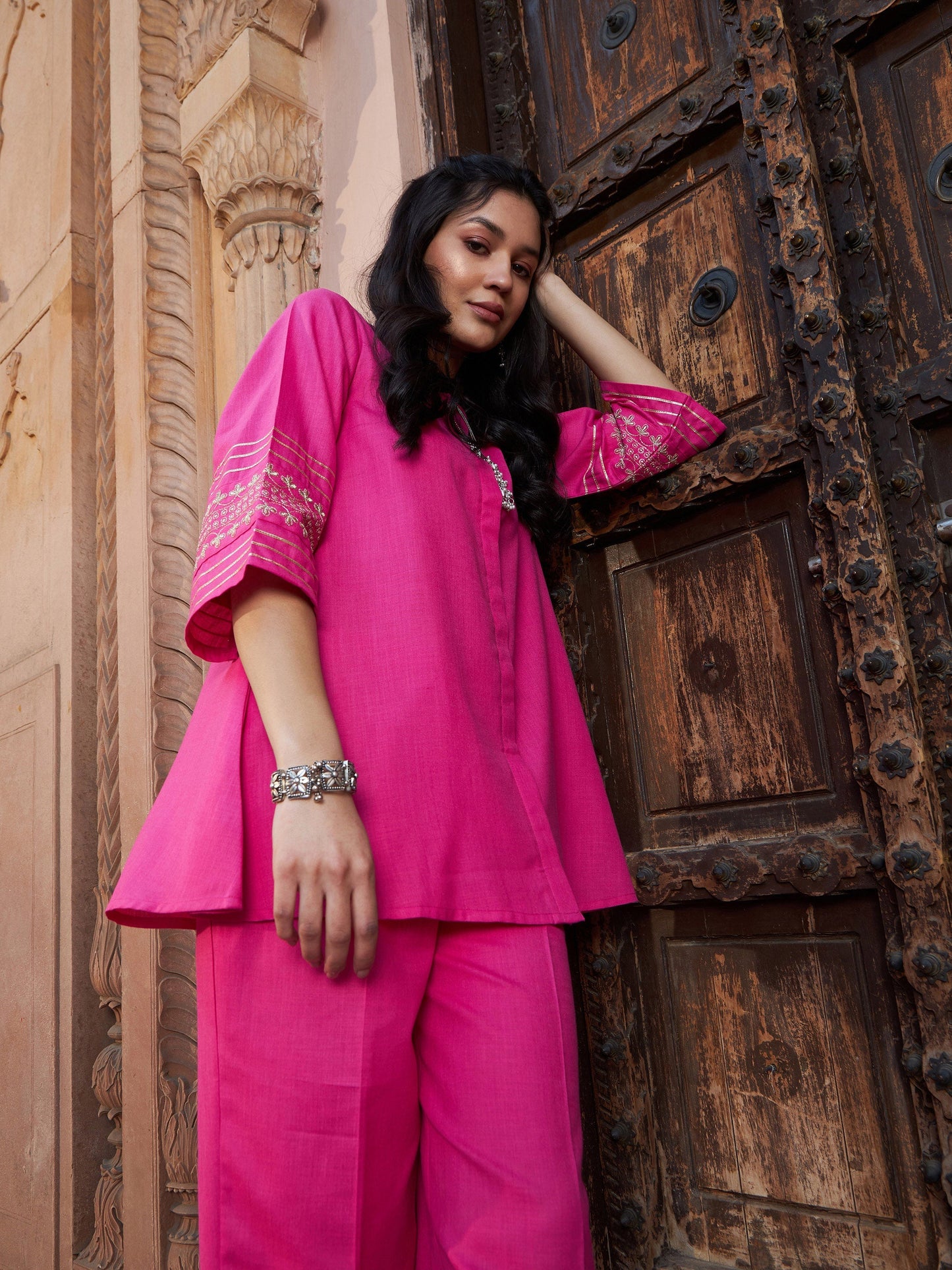 Fuchsia Embroidered Sleeve Shirt Kurti With Palazzos-Shae by SASSAFRAS