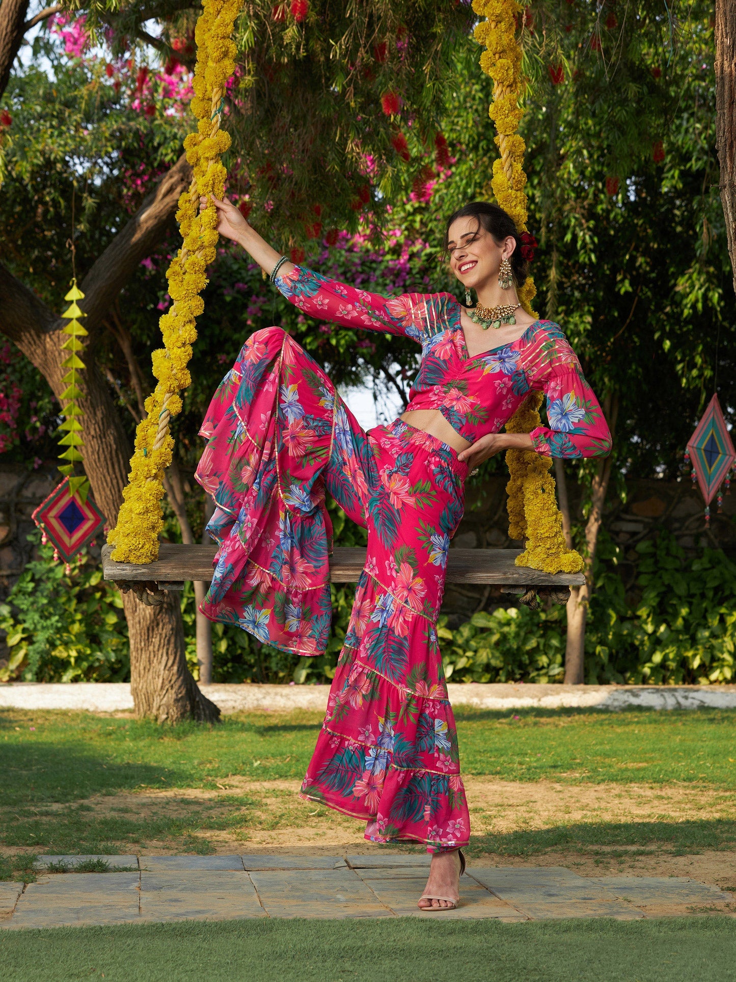 Pink Floral Puff Sleeves Crop Top With Tiered Sharara