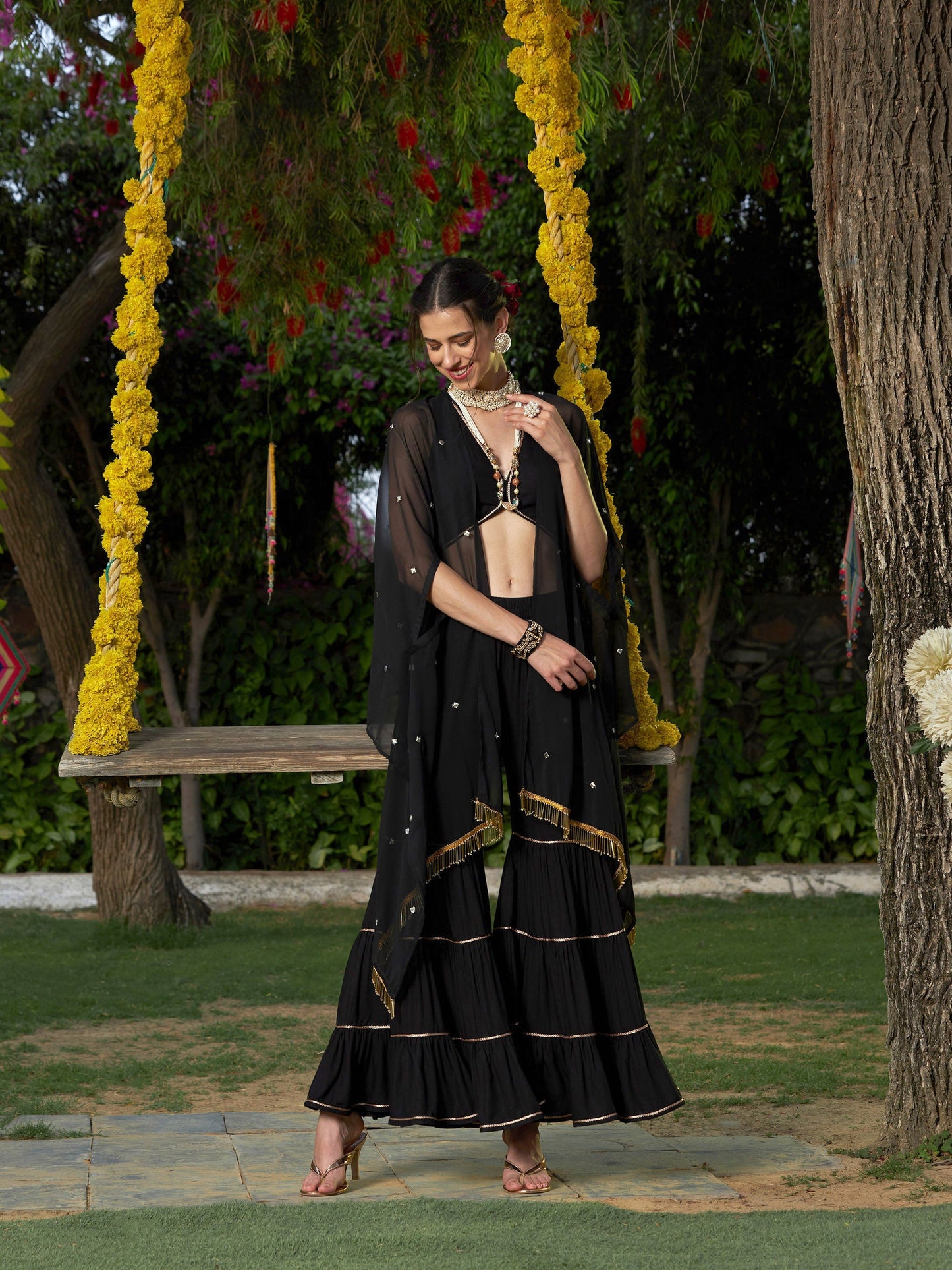 Black Crop Top With Tiered Sharara And Emb Cape