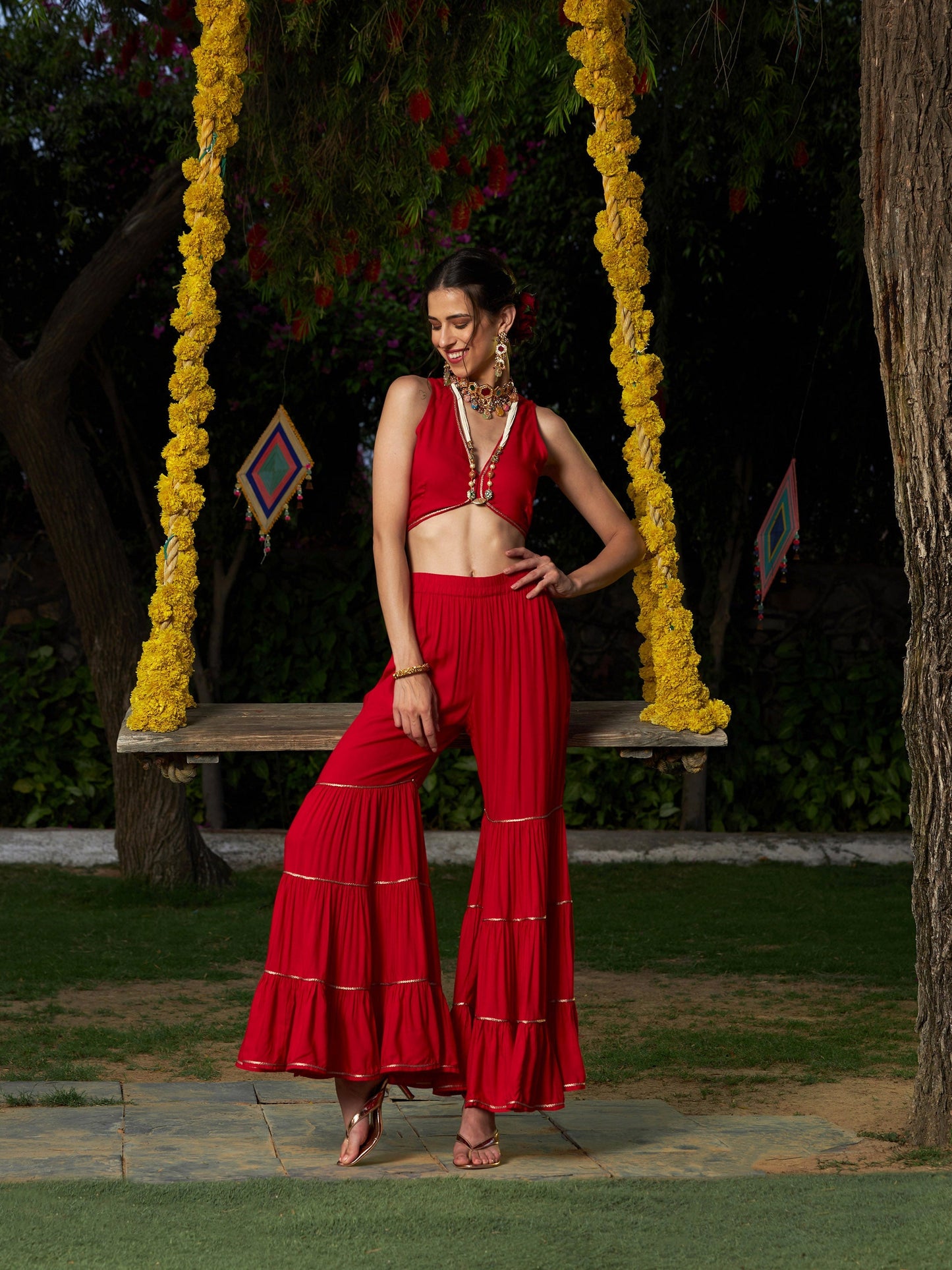 Red Crop Top With Tiered Sharara And Emb Cape