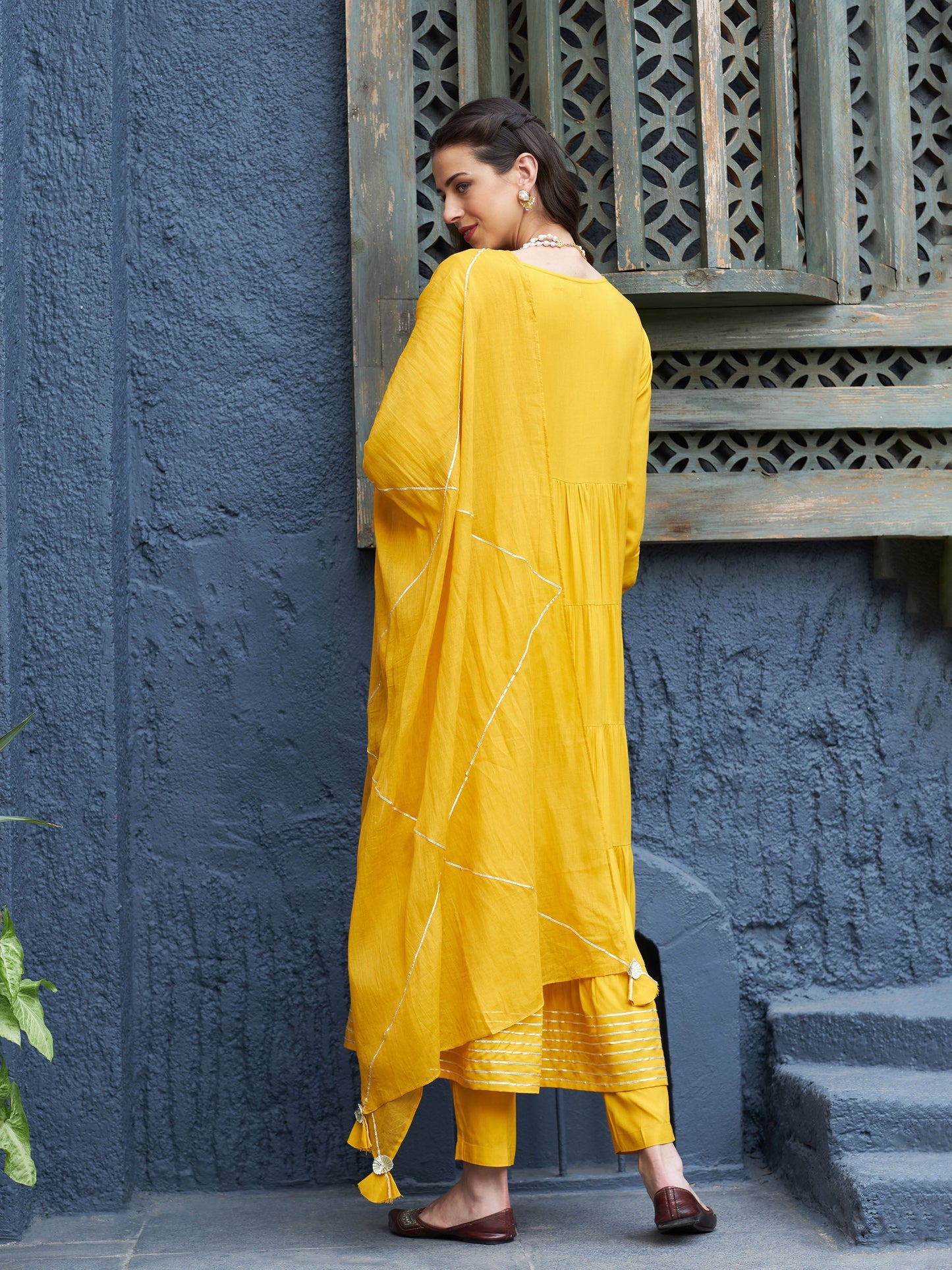 Mustard Tiered Kurta Set With Gota Dupatta