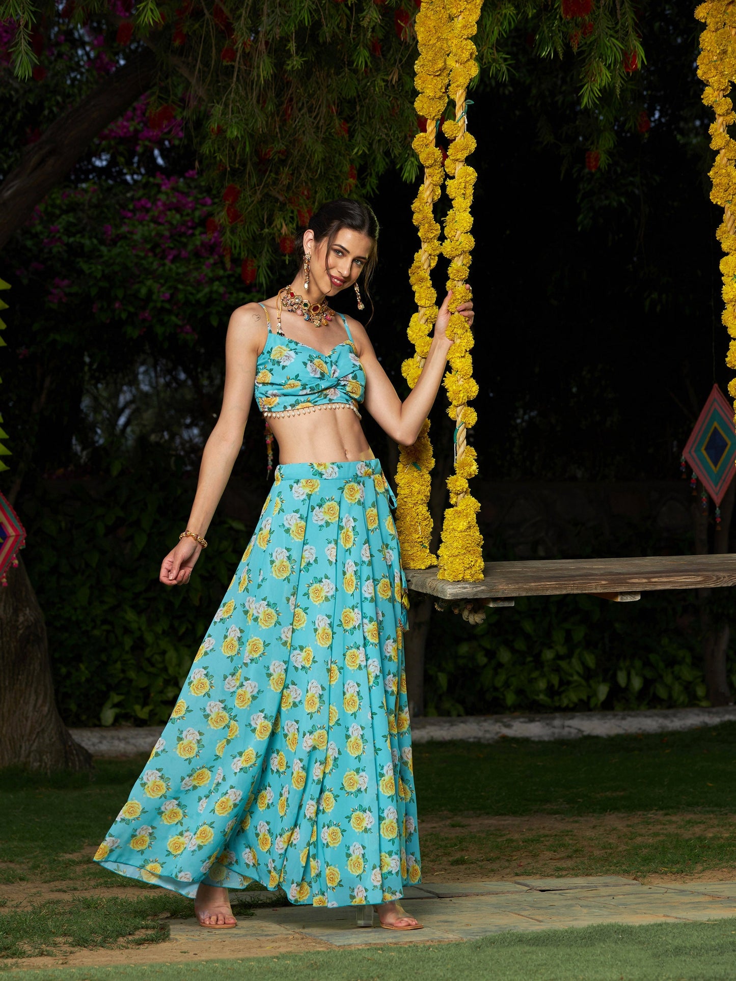 Green Floral Strappy Crop Top With Bias Flared Skirt
