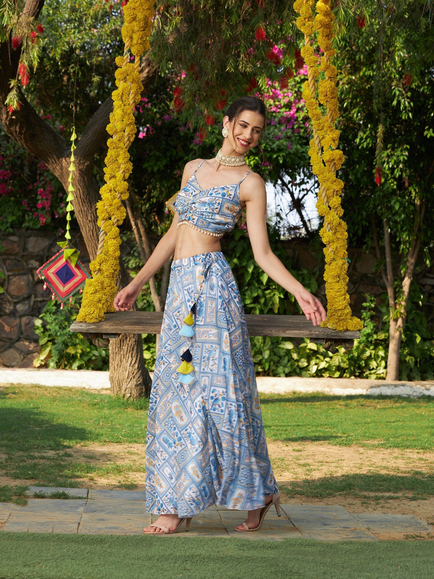 Blue Floral Strappy Crop Top With Bias Flared Skirt